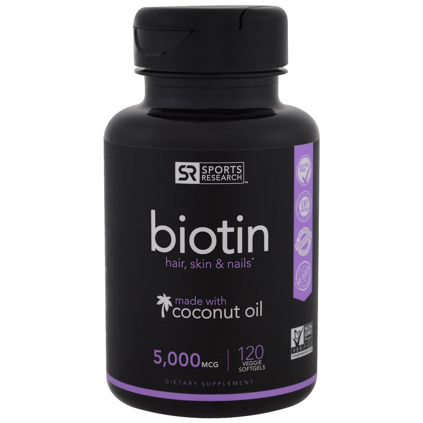 Comprar Sports Research, Biotina com Óleo de Coco, 5.000 mcg, 120 Cápsulas Softgel Vegetais