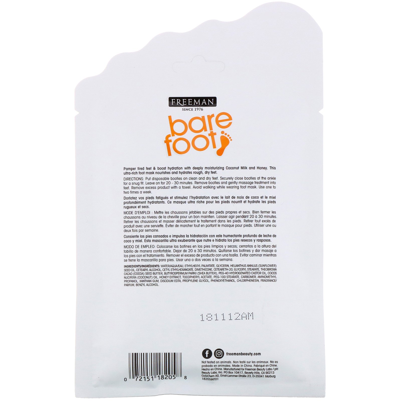 Comprar Freeman Beauty, Pé Descalço, Hidratação Intensa, Máscara para os Pés com Botinhas Descartáveis, Leite de Coco e Mel, Par de Uso Único - Imagem 2