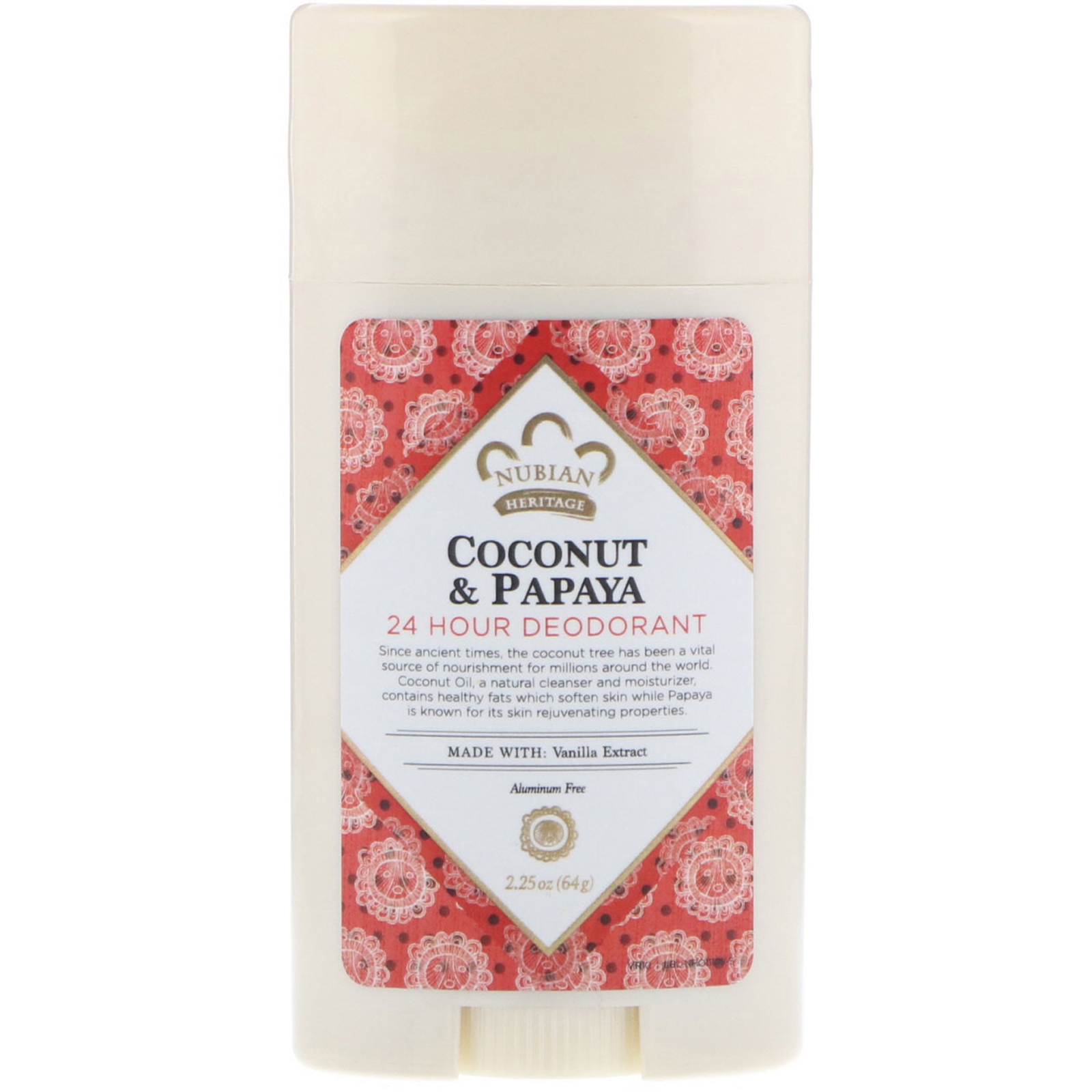 Comprar Nubian Heritage, Desodorante 24 Horas, Totalmente Natural, Coco e Papaia com Óleo de Baunilha, 2,25 oz (64 g.)