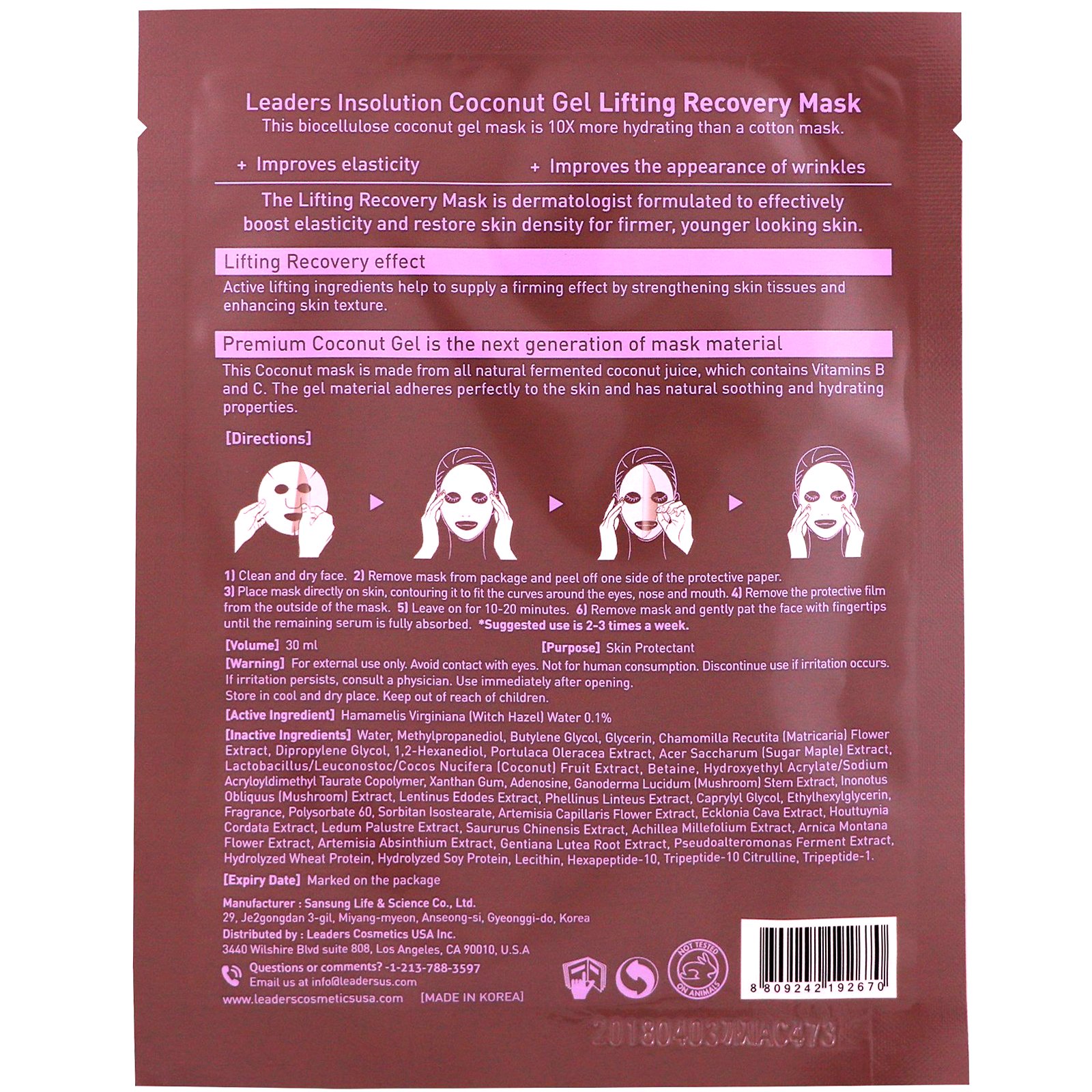 Comprar Leaders, Coconut Gel Lifting Recovery Mask, 1 Sheet, 30 ml - Imagem 2