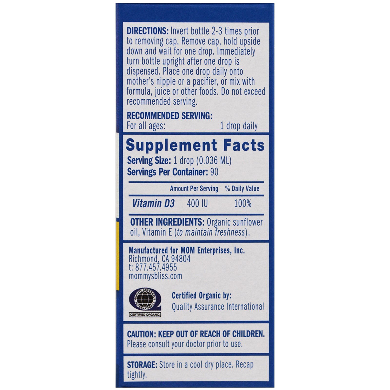 Comprar Mommy's Bliss, Vitamina D, Gotas Orgânicas, Recém-Nascido +, 3,24 ml (0,11 fl oz) - Imagem 3