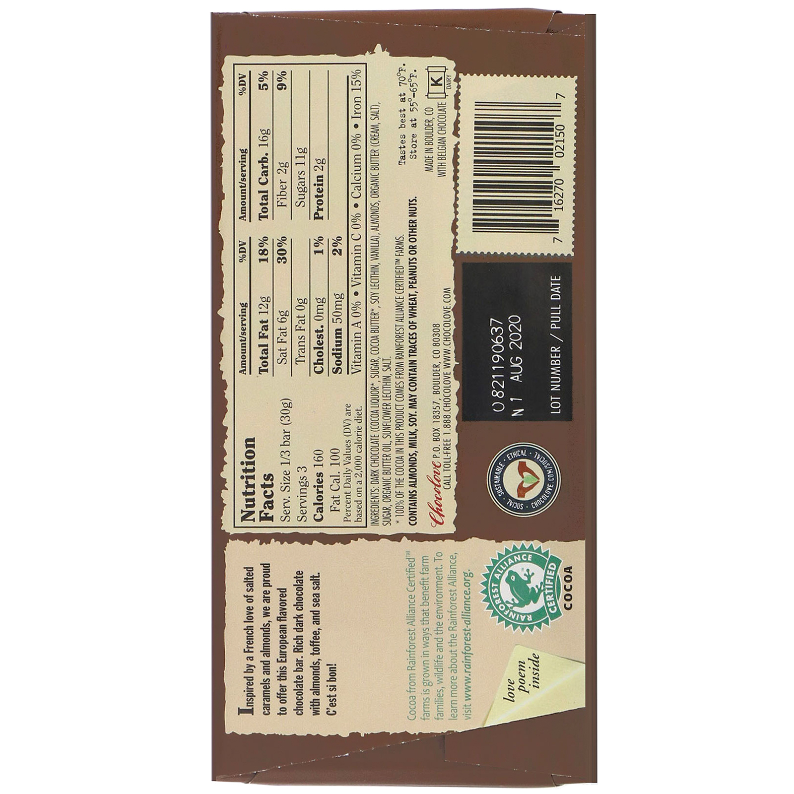 Comprar Chocolove, Almonds, Toffee & Sea Salt in Dark Chocolate, 55% Cocoa, 3.2 oz (90 g) - Imagem 2