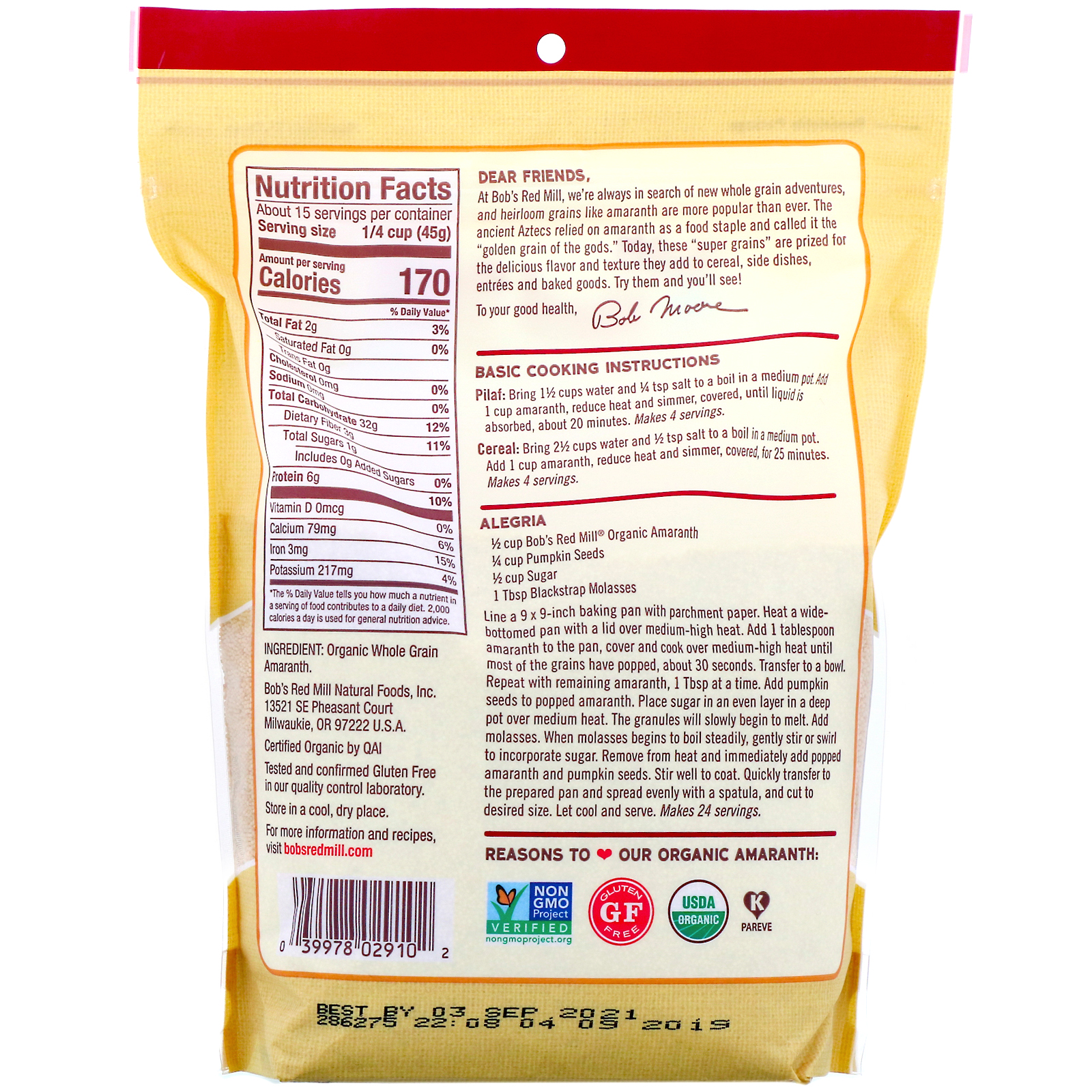 Comprar Bob's Red Mill, Amaranto Orgânica, Grão Integral, 680 g (24 oz) - Imagem 2