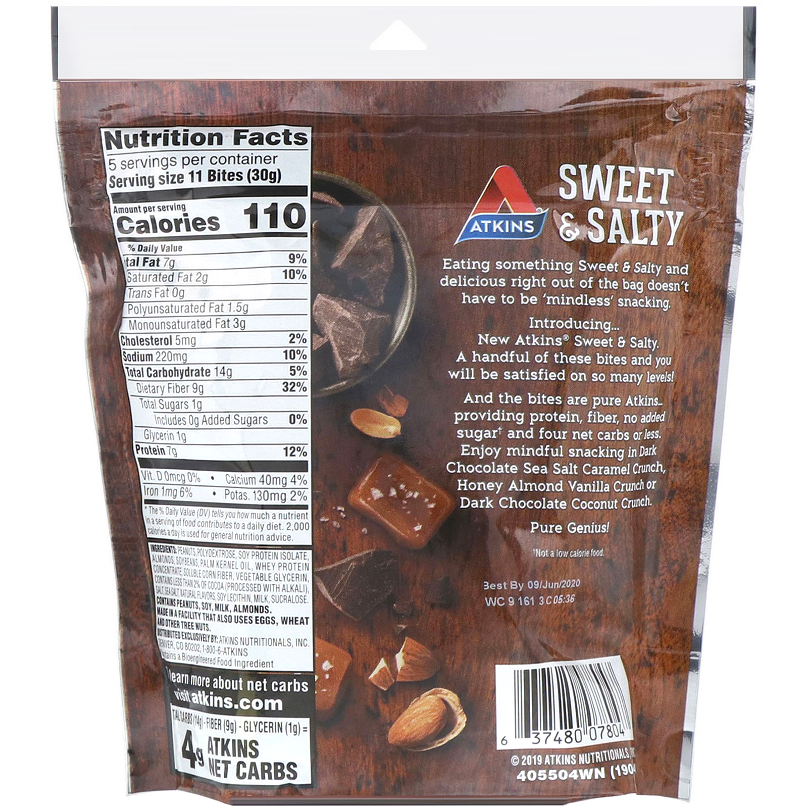 Comprar Atkins, Petiscos Sweet & Salty, Chocolate meio amargo com sal marinho e pedaços crocantes de caramelo, 5,29 oz (150 g) - Imagem 2