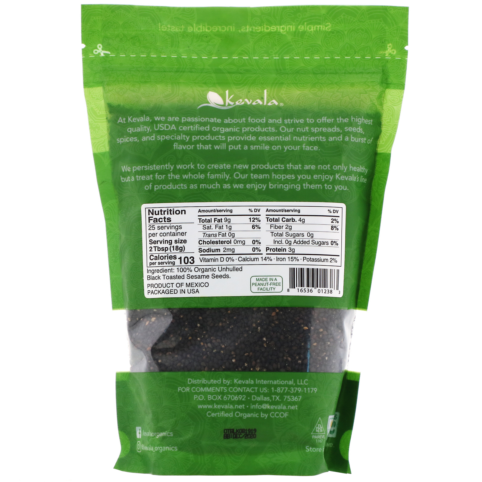 Comprar Kevala, Organic Black Toasted Sesame Seeds, Unhulled, 16 oz (454 g) - Imagem 2