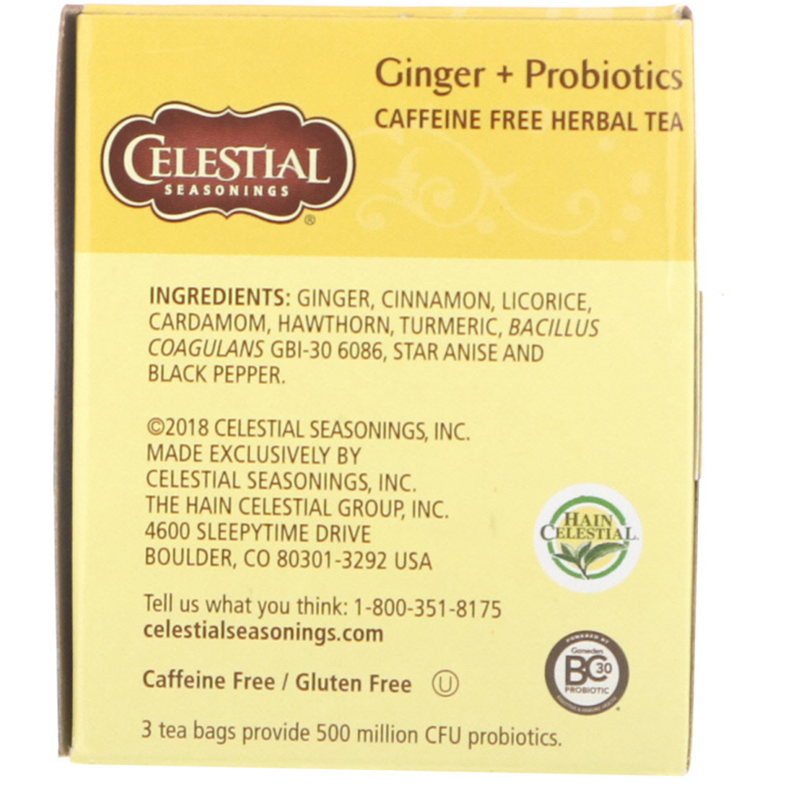 Comprar Celestial Seasonings, Chá Herbáceo, Gengibre + Probióticos, Sem Cafeína, 20 Saquinhos de Chá, 1,1 oz (31 g) - Imagem 2