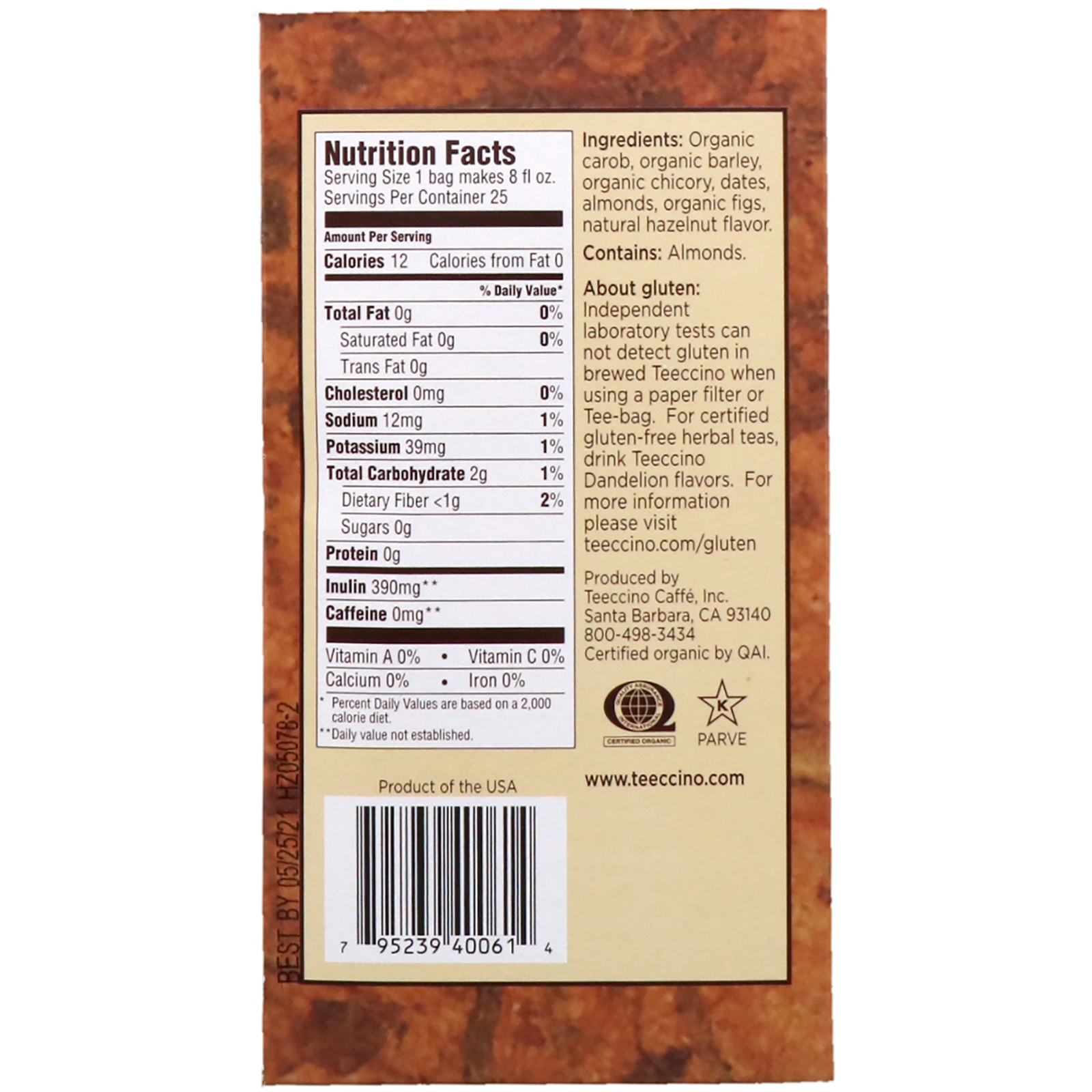 Comprar Teeccino, Chá de Ervas Torradas, Médio Assado, Avelã, Sem Cafeína, 25 Saquinhos de Chá, 150 g (5,3 onças) - Imagem 2