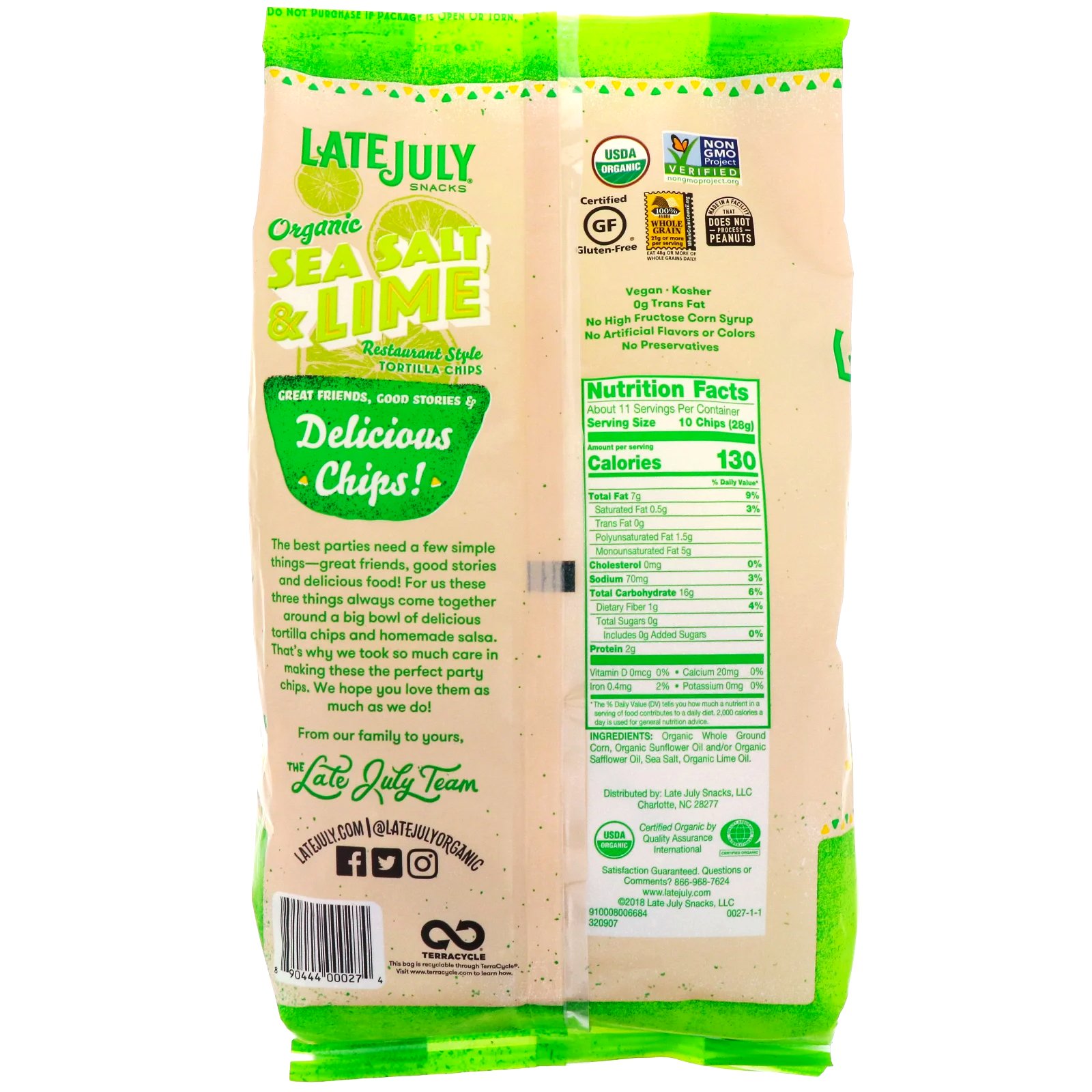 Comprar Late July, Organic Tortilla Chips, Sea Salt & Lime, 11 oz (312 g) - Imagem 2