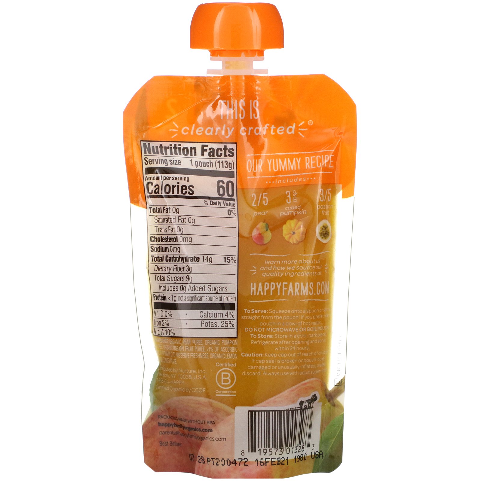 Comprar Happy Family Organics, Alimento Orgânico para Bebê, Idade de 2, 6+ Meses, Pera, Abobora e Maracujá, 113 g - Imagem 2