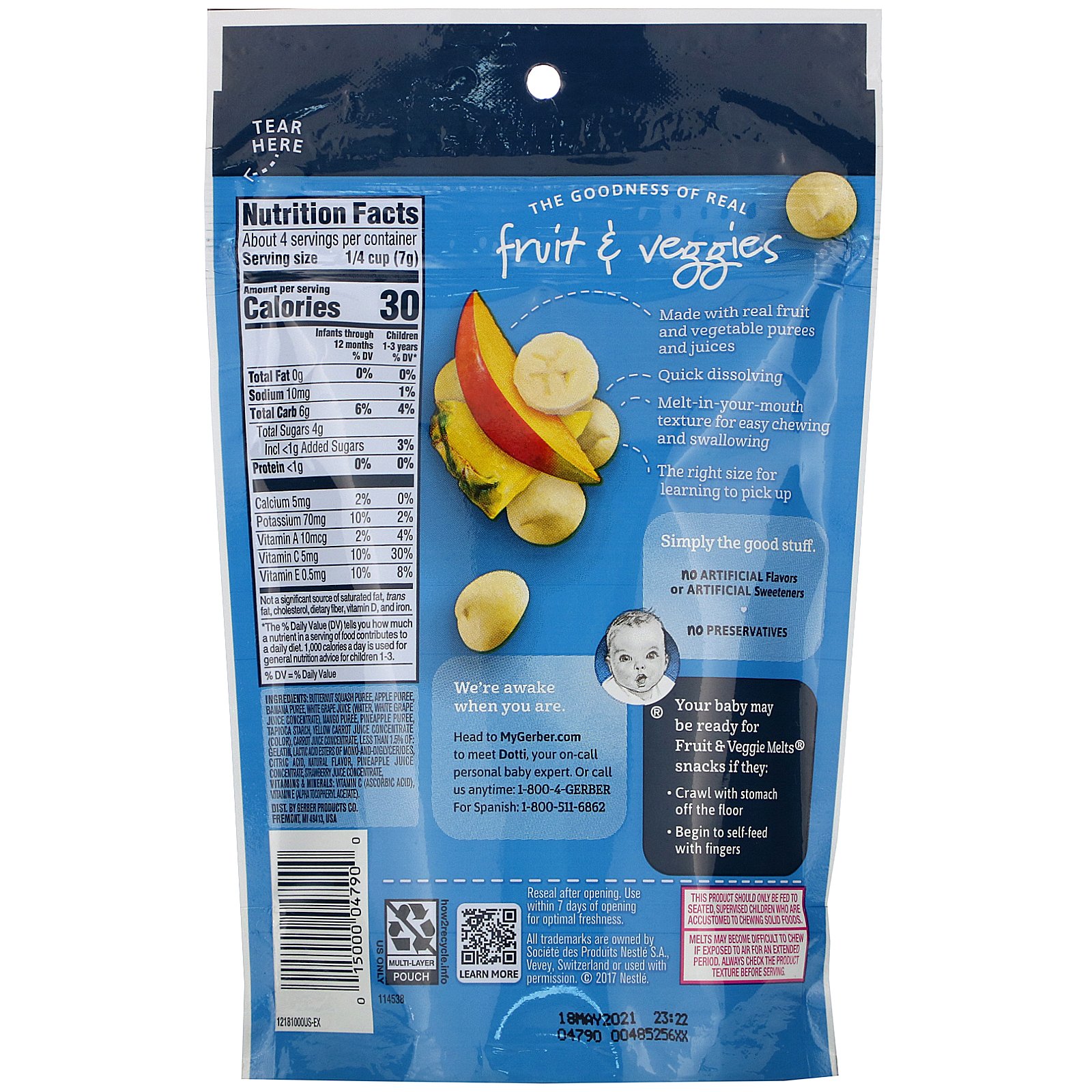 Comprar Gerber, Graduates, Fruit & Veggie Melts, Truly Tropical Blend, Crawler 8+ Months, 1.0 oz (28 g) - Imagem 2