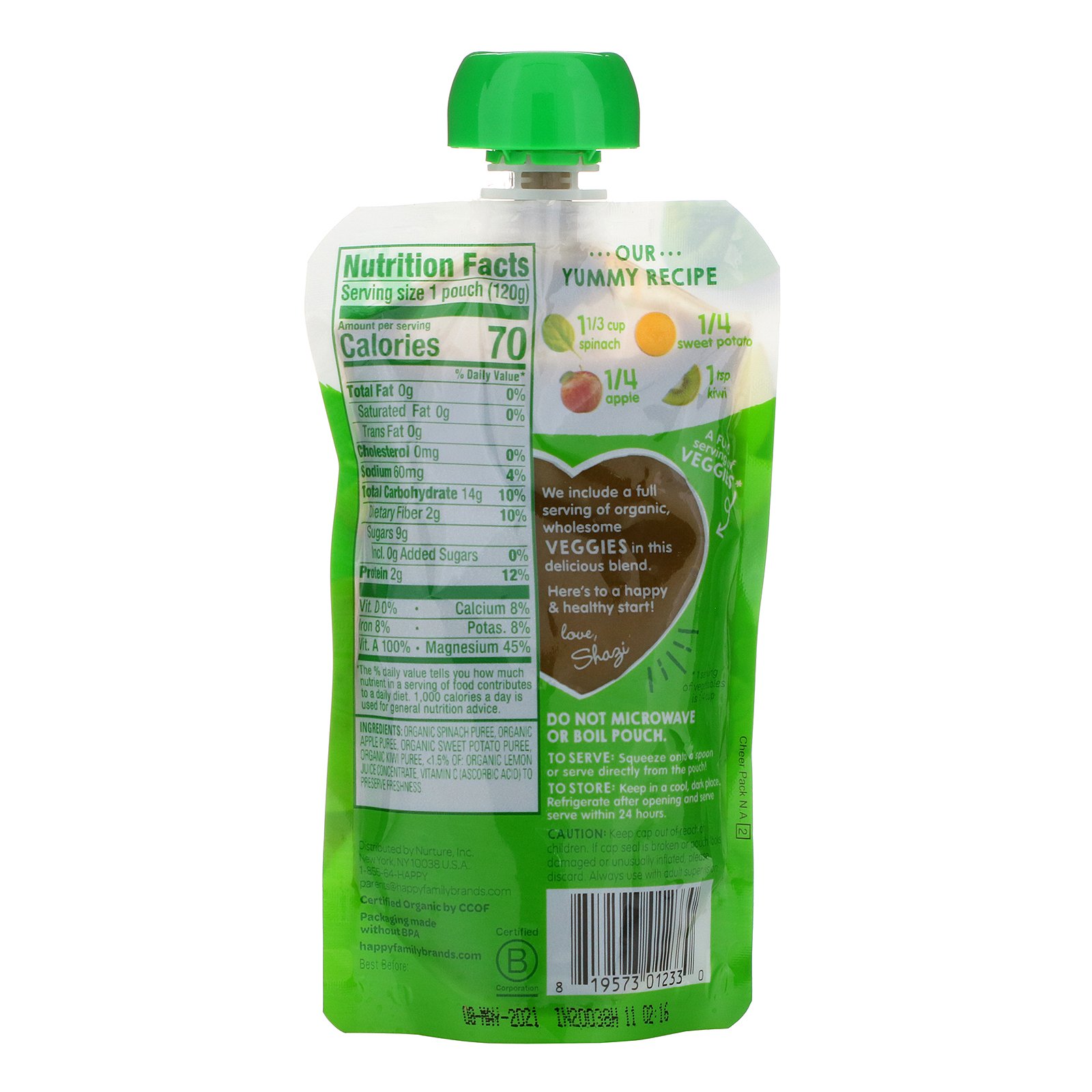 Comprar Happy Family Organics, Organics Happy Tot, Vegetais Deliciosos, Espinafre, Maça, Batata Doce e Kiwi Orgânico, 4,22 oz (120 g) - Imagem 2