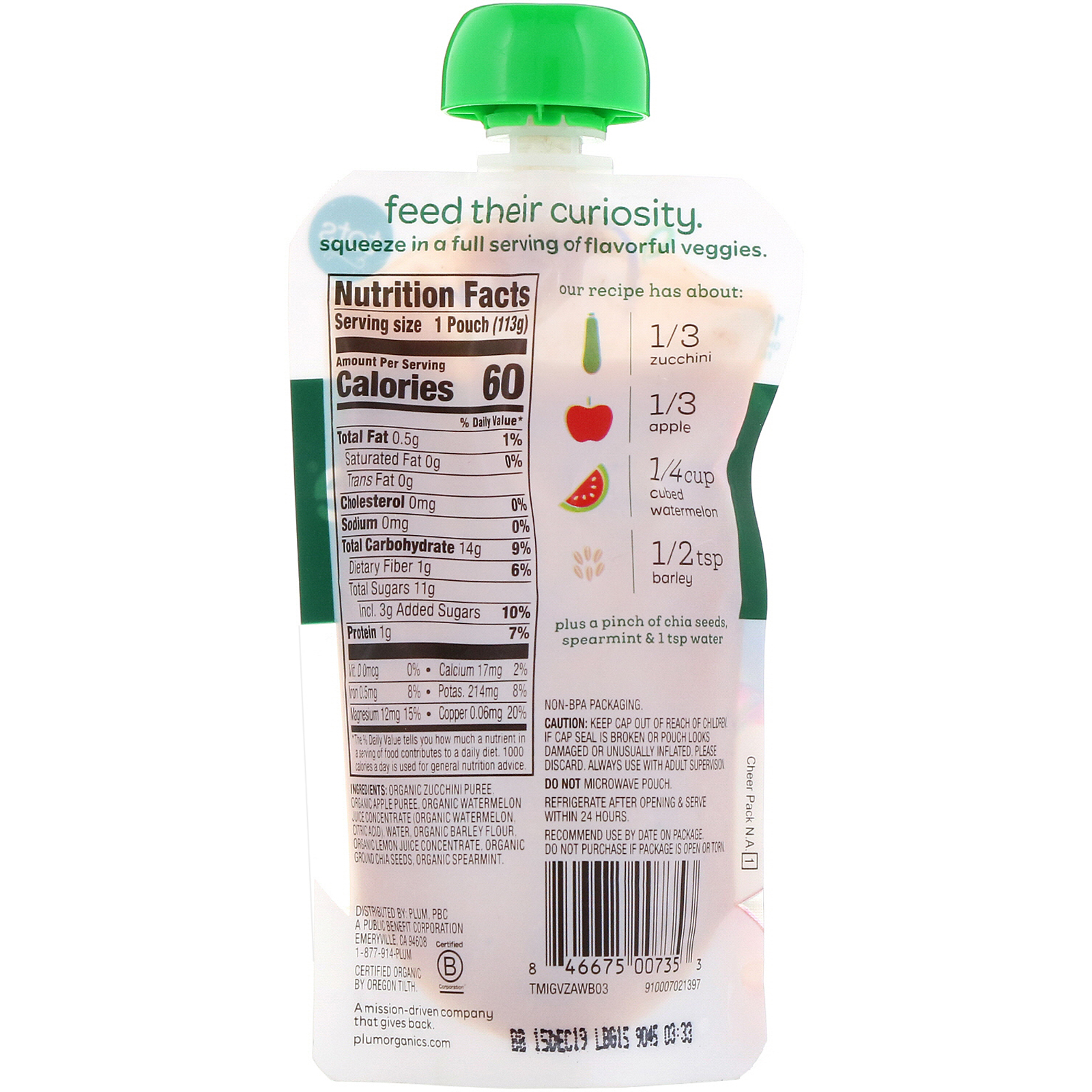 Comprar Plum Organics, Tots, Mighty Veggie, Abobrinha, Maça, Melancia, Cevada, 4 oz (113g) - Imagem 2