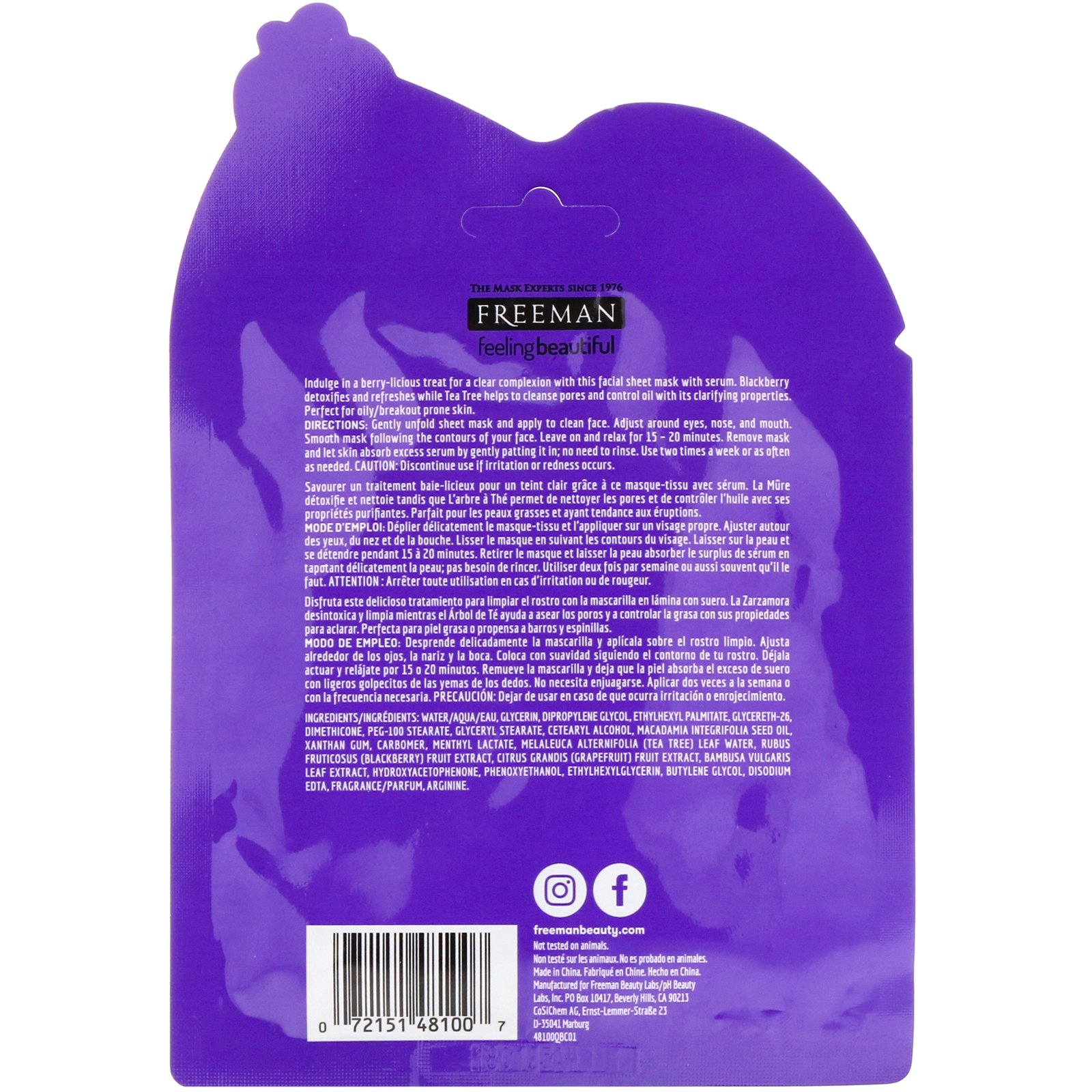 Comprar Freeman Beauty, Feeling Beautiful, Máscara em Folha para Limpeza Profunda, Árvore do Chá + Amora, 1 Máscara - Imagem 2