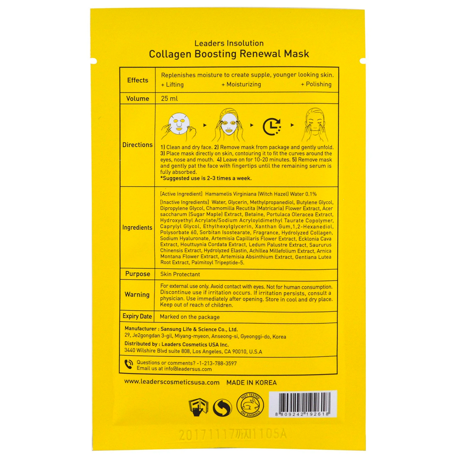 Comprar Leaders, Collagen Boosting Renewal Mask, 1 Sheet, 25 ml - Imagem 2