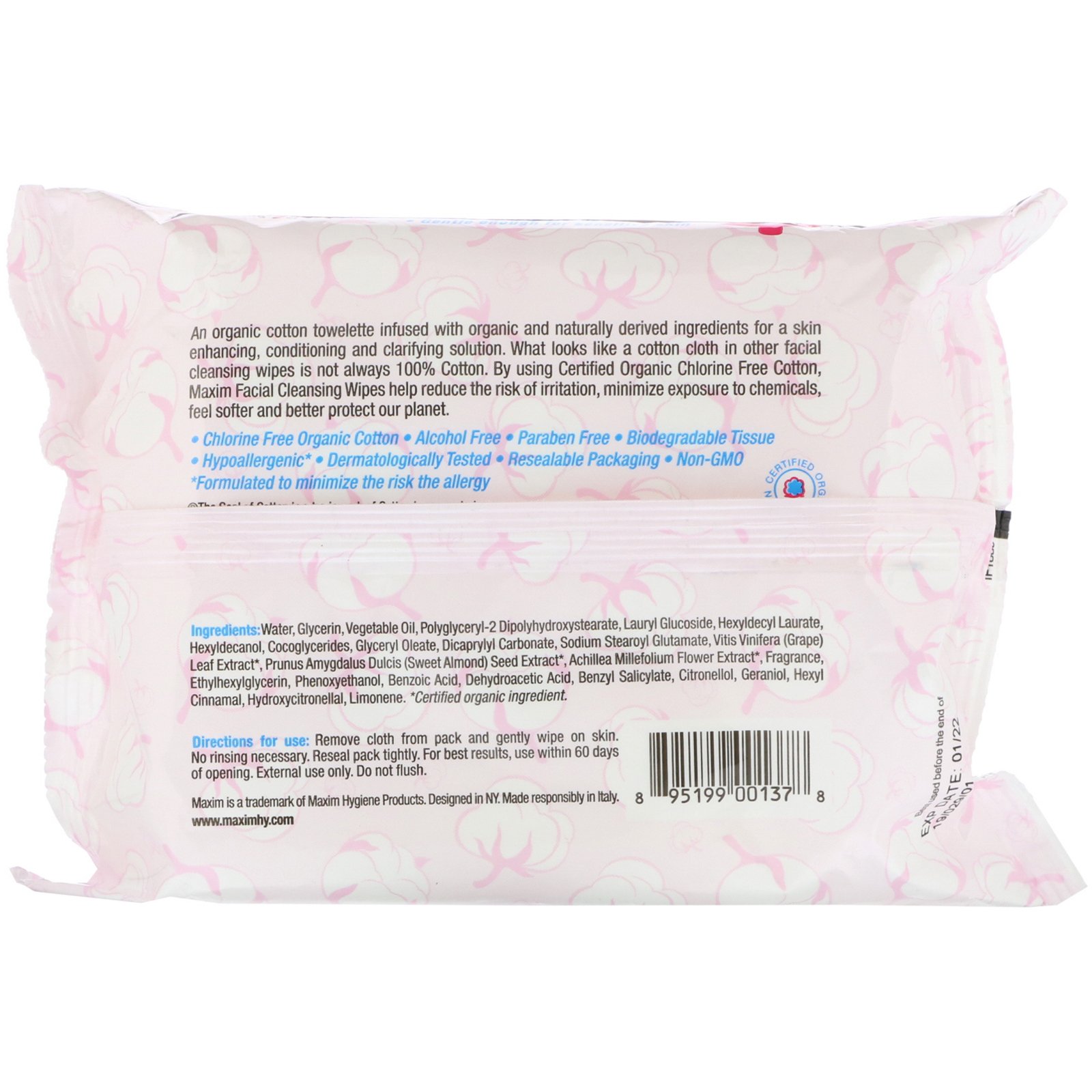 Comprar Maxim Hygiene Products, Toalhetes de Rosto de Algodão Orgânico, 30 Toalhetes Úmidos - Imagem 2
