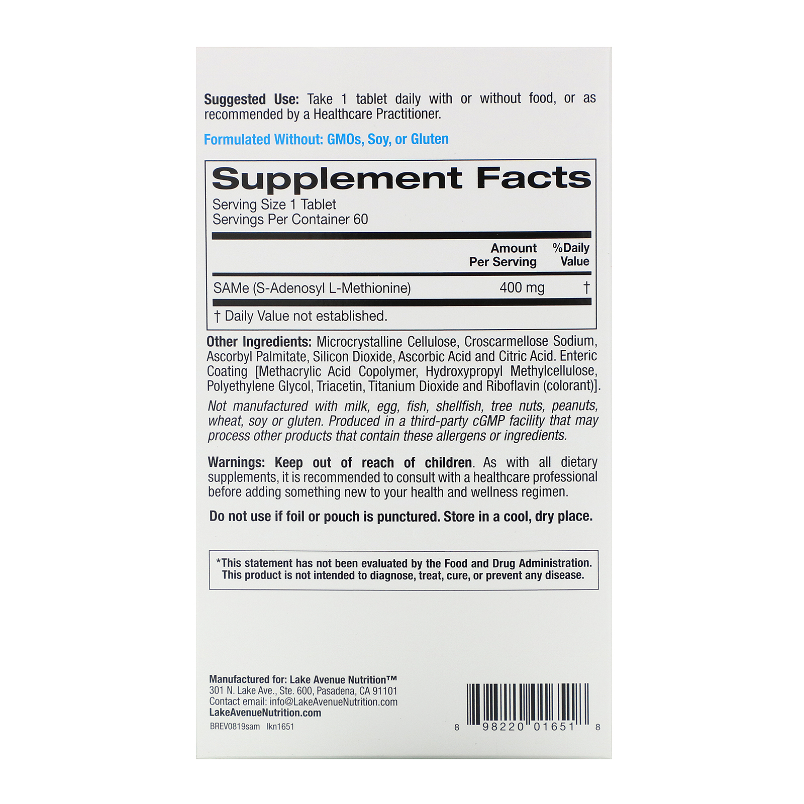Comprar Lake Avenue Nutrition, SAMe (S-Adenosil-L-Metionina), 400 mg, 60 Comprimidos - Imagem 2