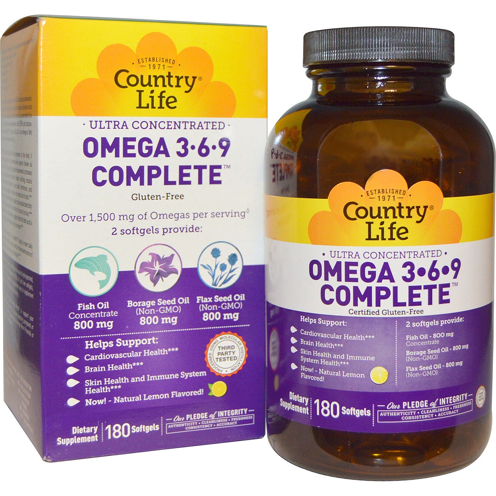 Comprar Country Life, Ultra Concentrated Omega 3-6-9 Complete, Natural Lemon, 180 Softgels