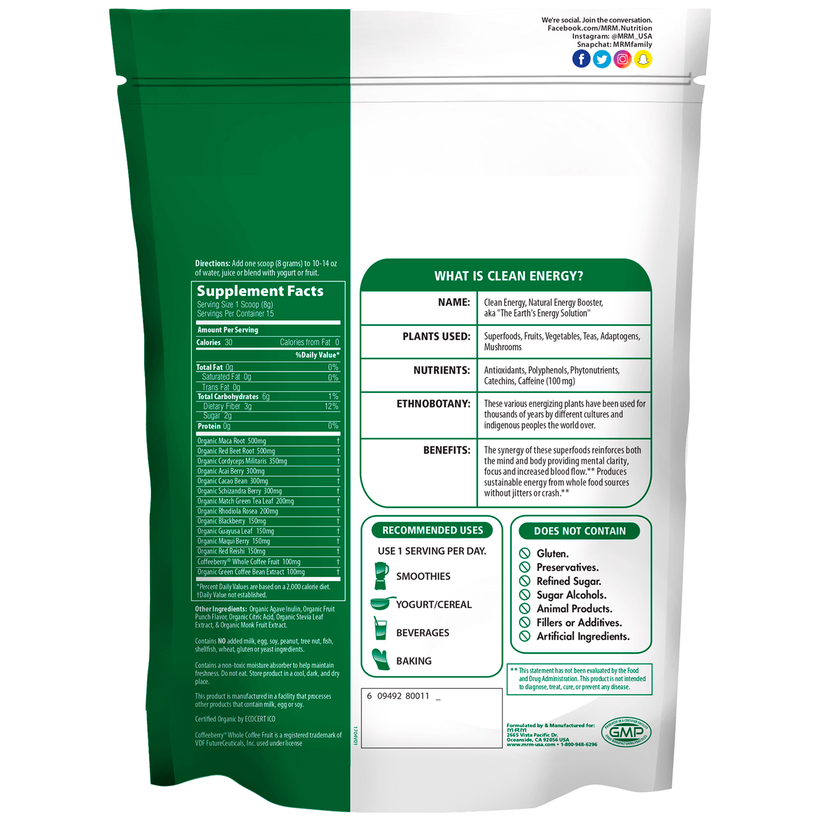 Comprar MRM, Clean Energy Orgânico em Pó, ponche de frutas, 4,2 oz (120 g) - Imagem 2