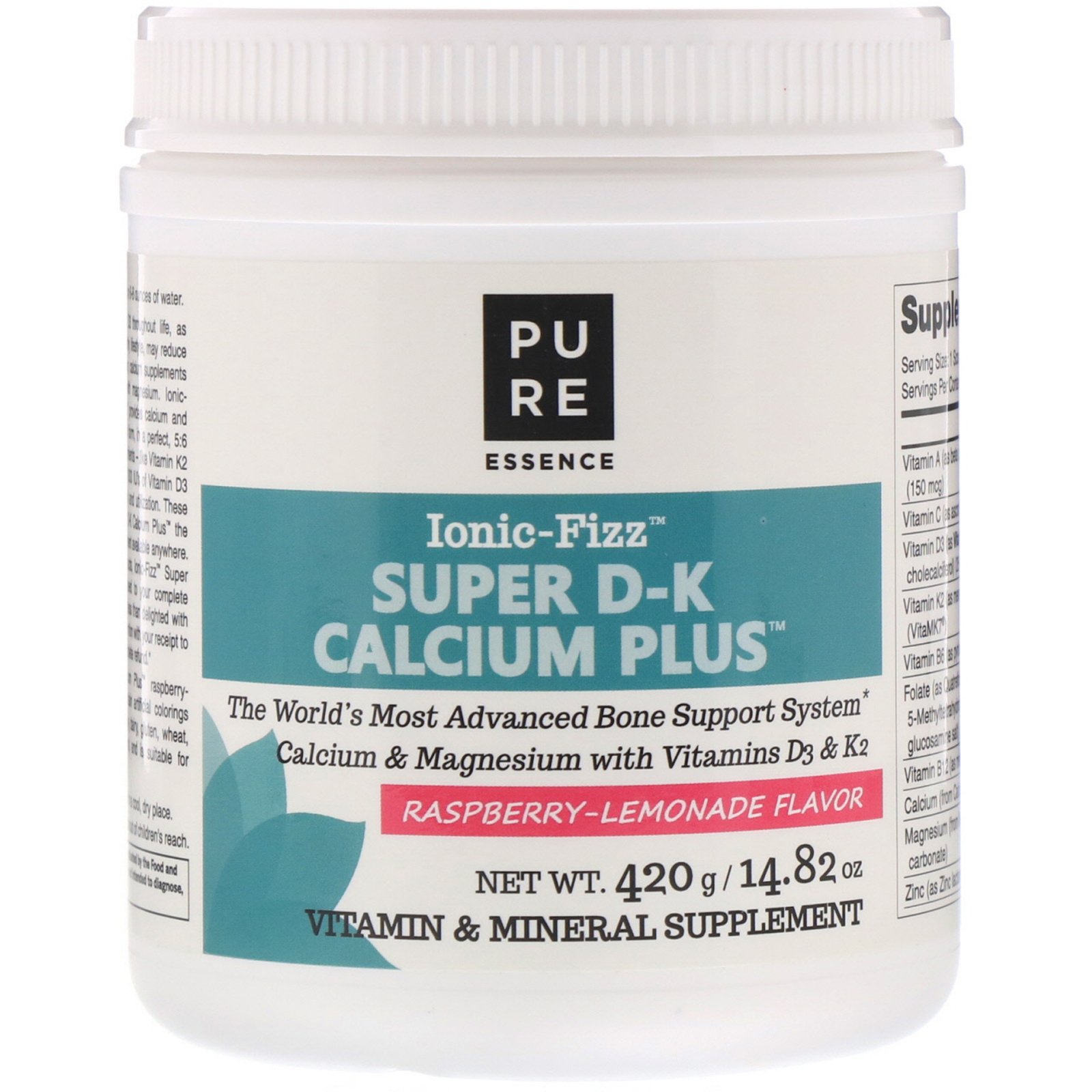 Comprar Pure Essence, Ionic-Fizz, Super Cálcio D-K Plus, limonada de framboesa, 14.82 oz (420 g)
