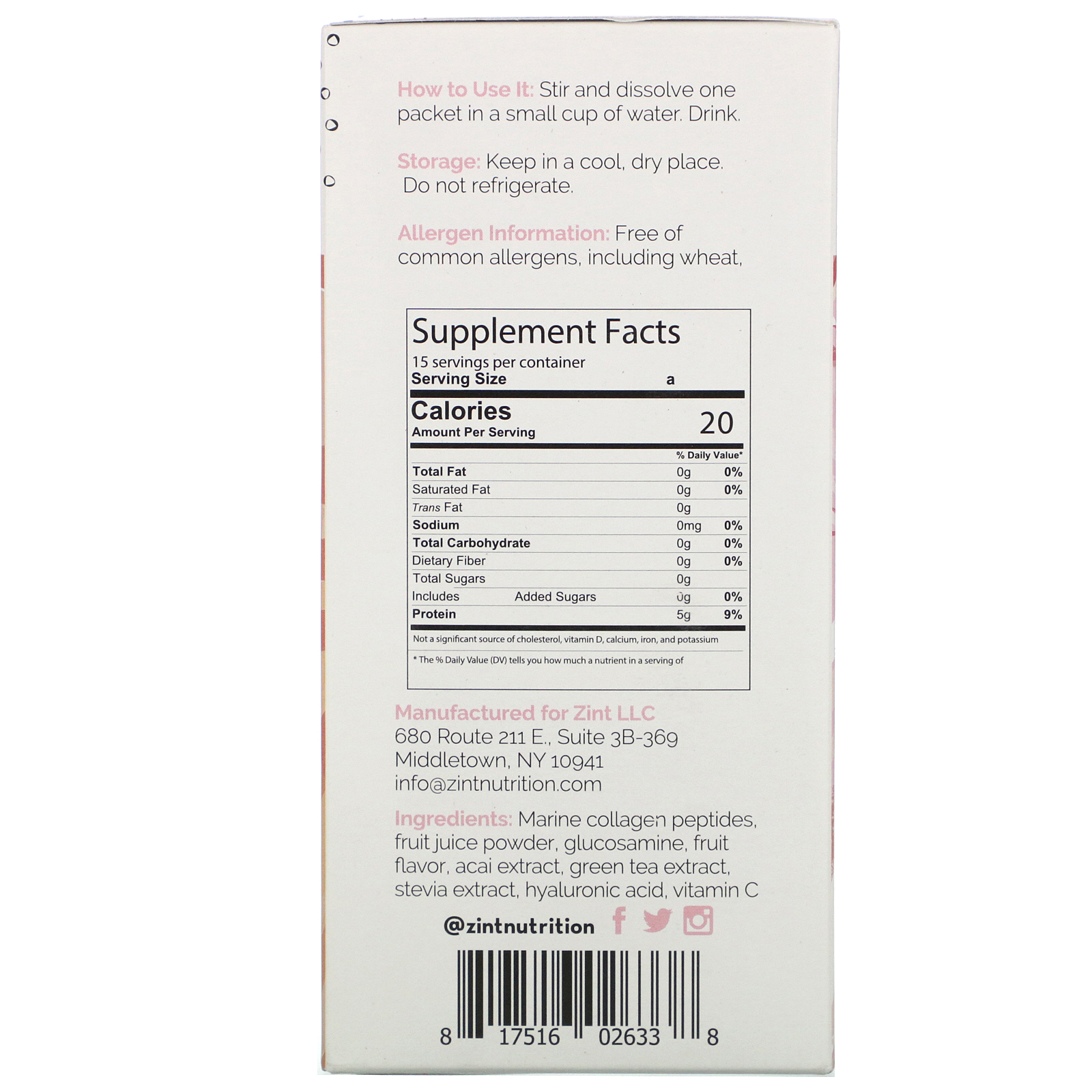 Comprar Zint, Colágeno Doce, Pêssego, Abacaxi, Morango, 15 Pacotes Individuais, 5 g Cada - Imagem 2