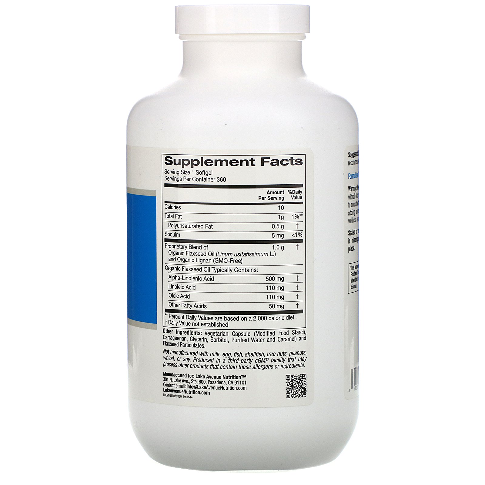 Comprar Lake Avenue Nutrition, Óleo de Linhaça Extraído a Frio & Lignana Orgânicas, Sem Hexano, 360 Cápsulas Gelatinosas Vegetais - Imagem 2