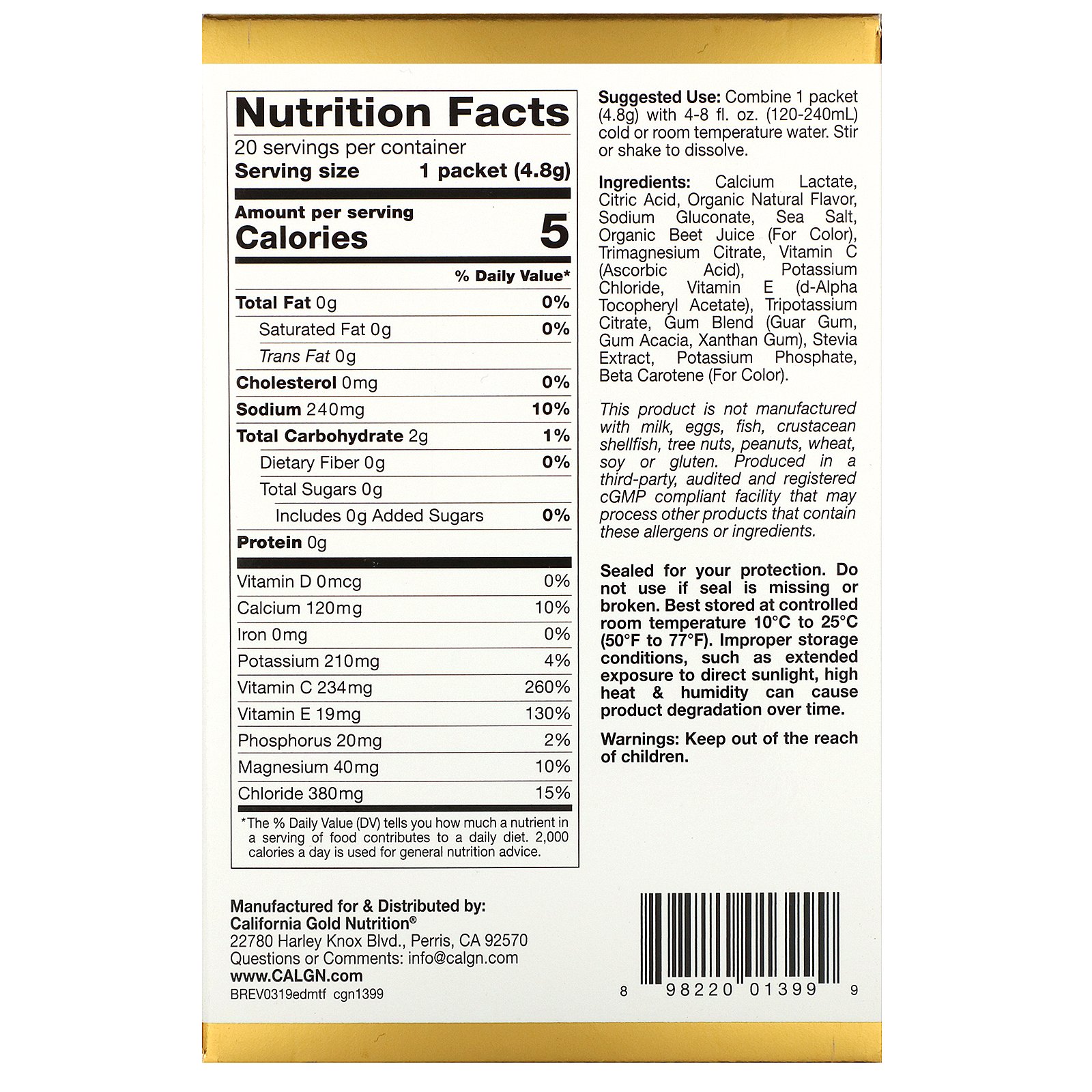 Comprar California Gold Nutrition, HydrationUP, Mix de Bebidas com Eletrólitos, Frutas Tropicais, 20 Pacotes, 0,17 oz (4,8 g) Cada - Imagem 2