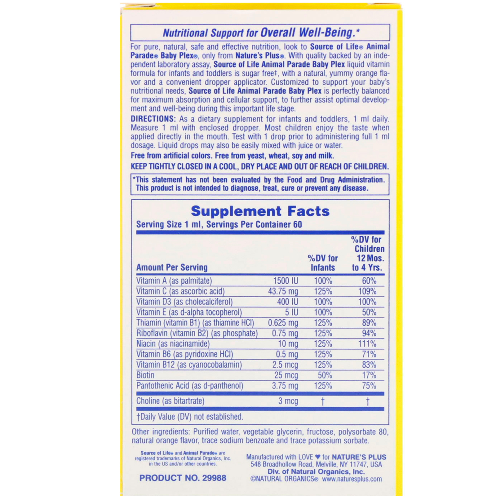 Comprar Nature's Plus, Source of Life, Animal Parade, Baby Plex, Gotas Líquidas de Multivitamínicos sem Açúcar, Sabor Natural de Laranja, 60 ml (2 fl oz) - Imagem 2