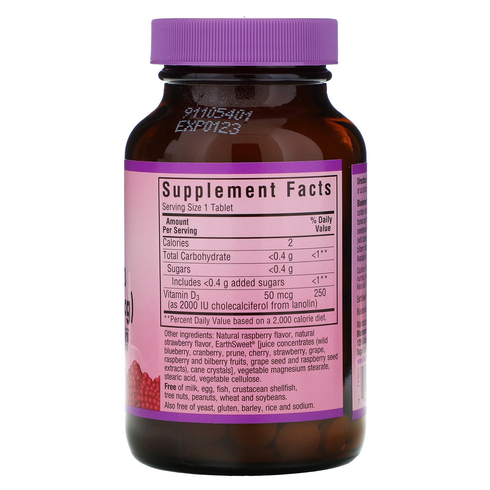 Comprar Bluebonnet Nutrition, Mastigáveis EarthSweet, Vitamina D3, Sabor Natural de Framboesa, 2.000 IU, 90 Tabletes Mastigáveis - Imagem 2