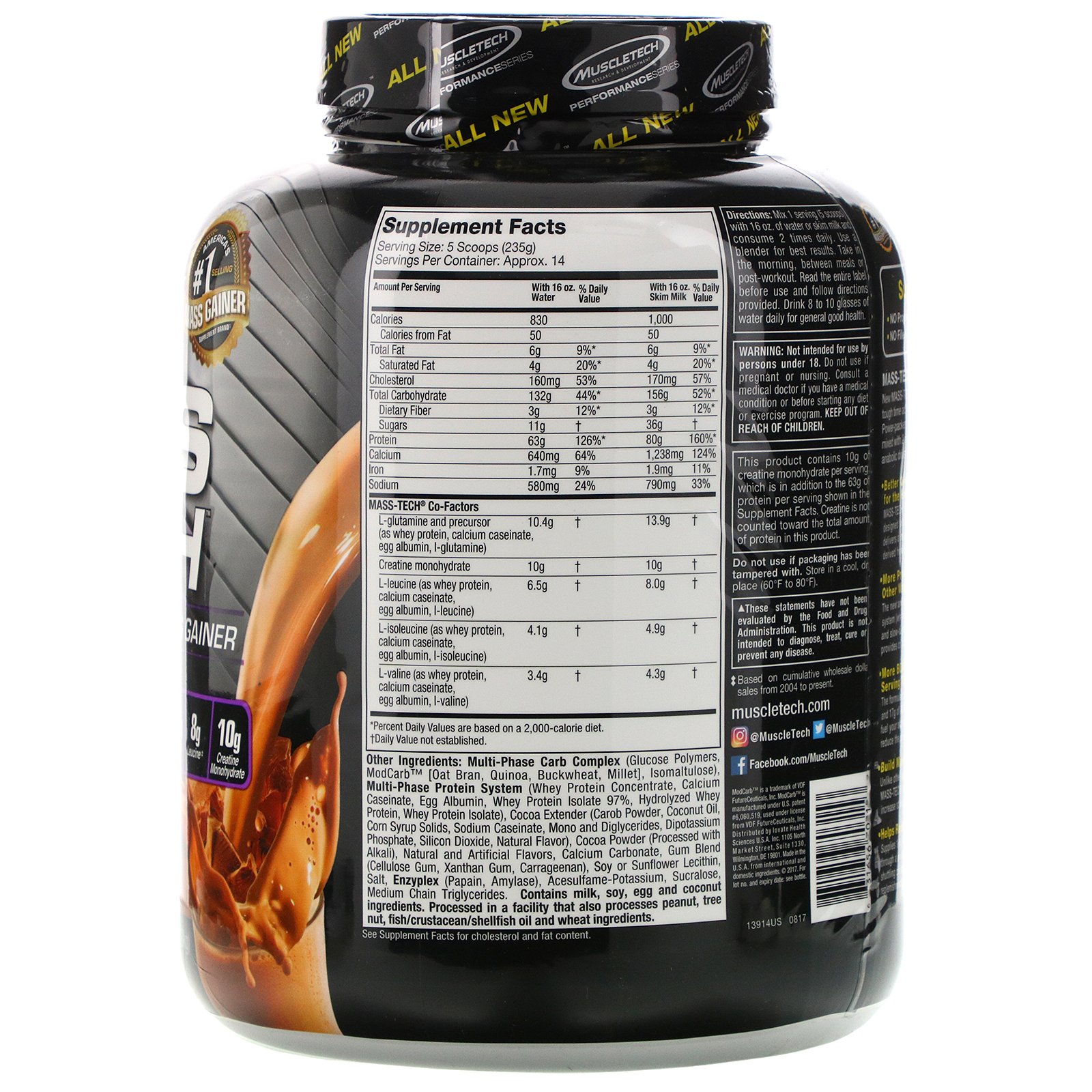 Comprar Muscletech, Mass-Tech, Pó de proteína para ganho de massa cientificamente superior, chocolate ao leite, 7,00 lb (3,18 kg) - Imagem 2