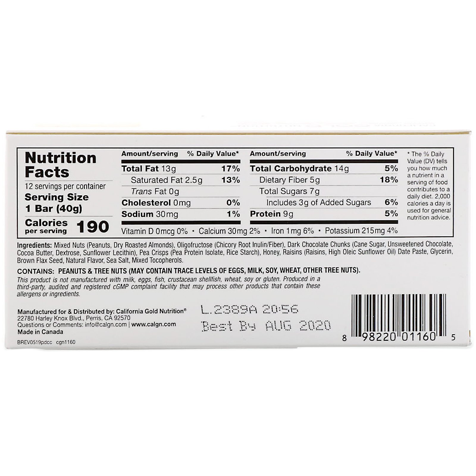 Comprar California Gold Nutrition, Alimentos, Barras com Pedaços de Amendoim e de Chocolate Meio Amargo, 12 Barras, 40 g (1,4 oz) Cada - Imagem 3
