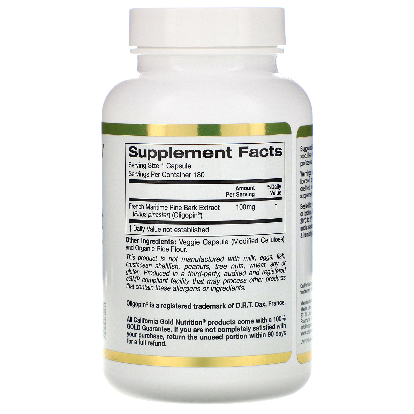 Comprar California Gold Nutrition, French Maritime Pine Bark Extract, Oligopin, Antioxidant Polyphenol, 100 mg, 180 Veggie Capsules - Imagem 2
