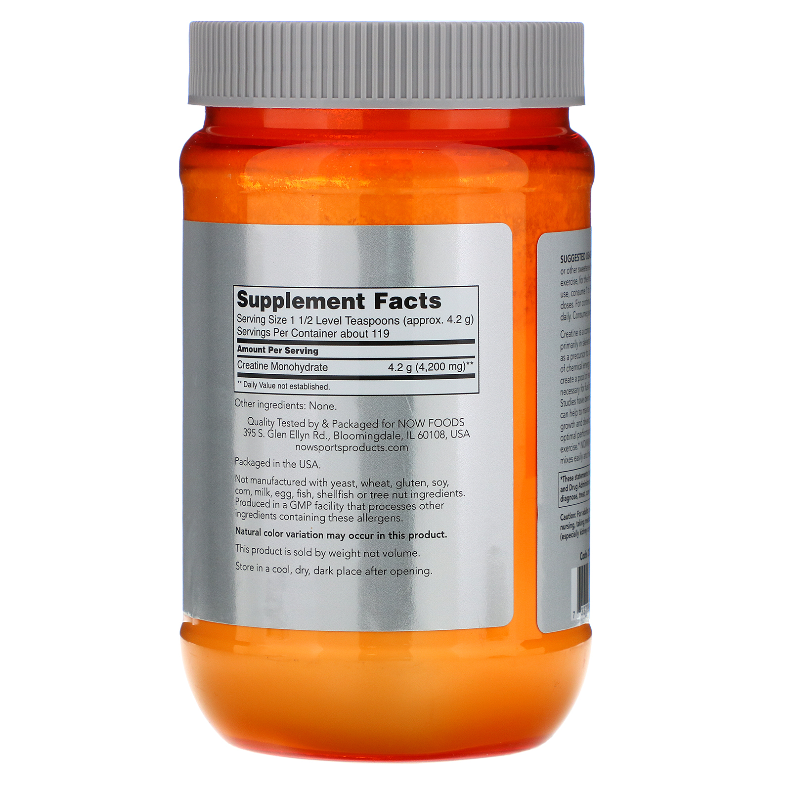 Comprar Now Foods, Sports, Creatina Monohidratado, Micronizado, 1,1 lbs (500 g) - Imagem 2
