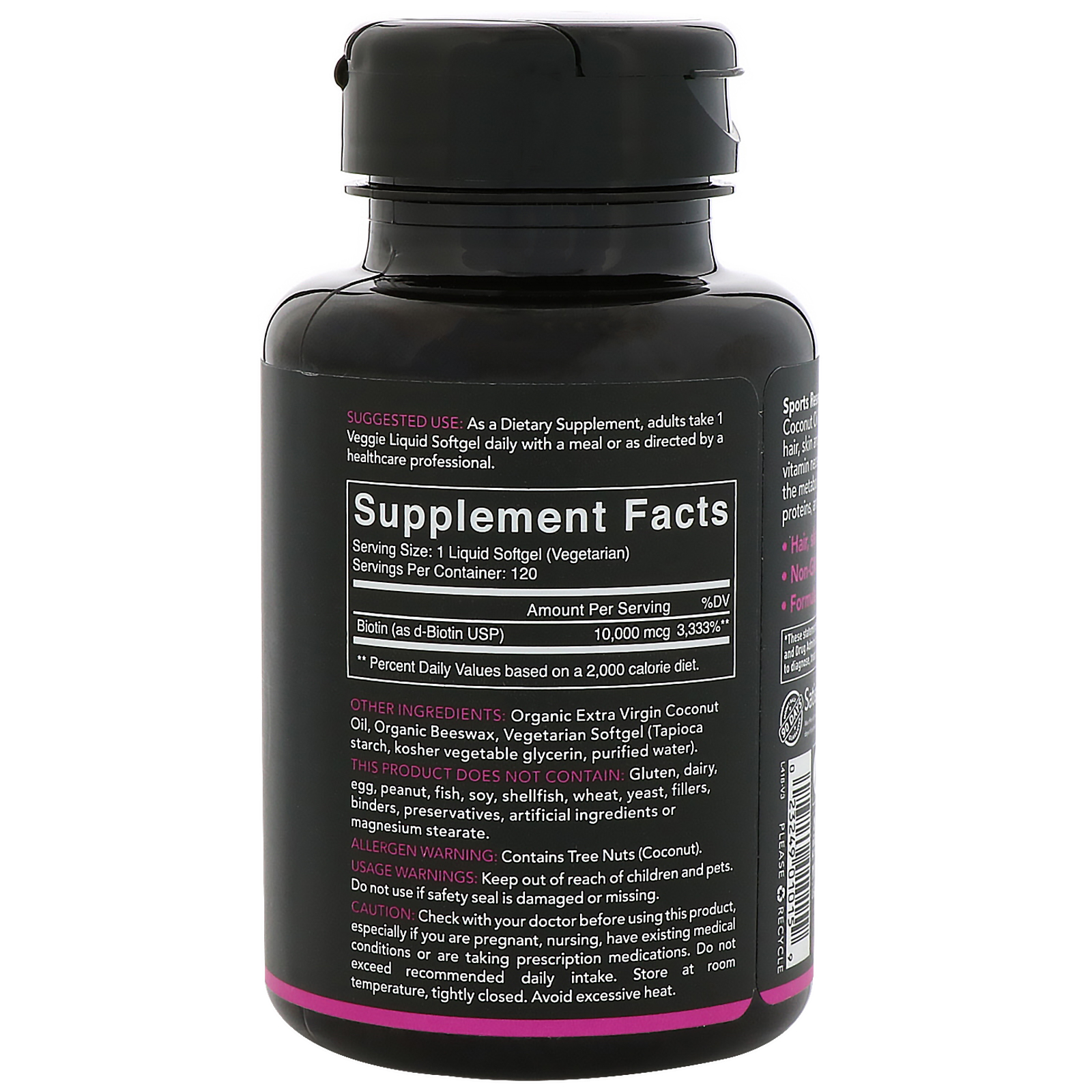 Comprar Sports Research, Biotina com Óleo de Coco Orgânico, 10.000 mcg, 120 cápsulas Vegetais Softgel - Imagem 2