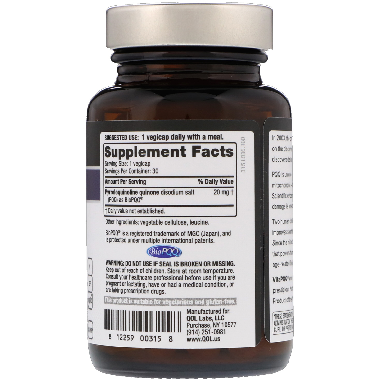Comprar Quality of Life Labs, VitaPQQ, Healthy Aging, 20 mg, 30 Vegicaps - Imagem 2