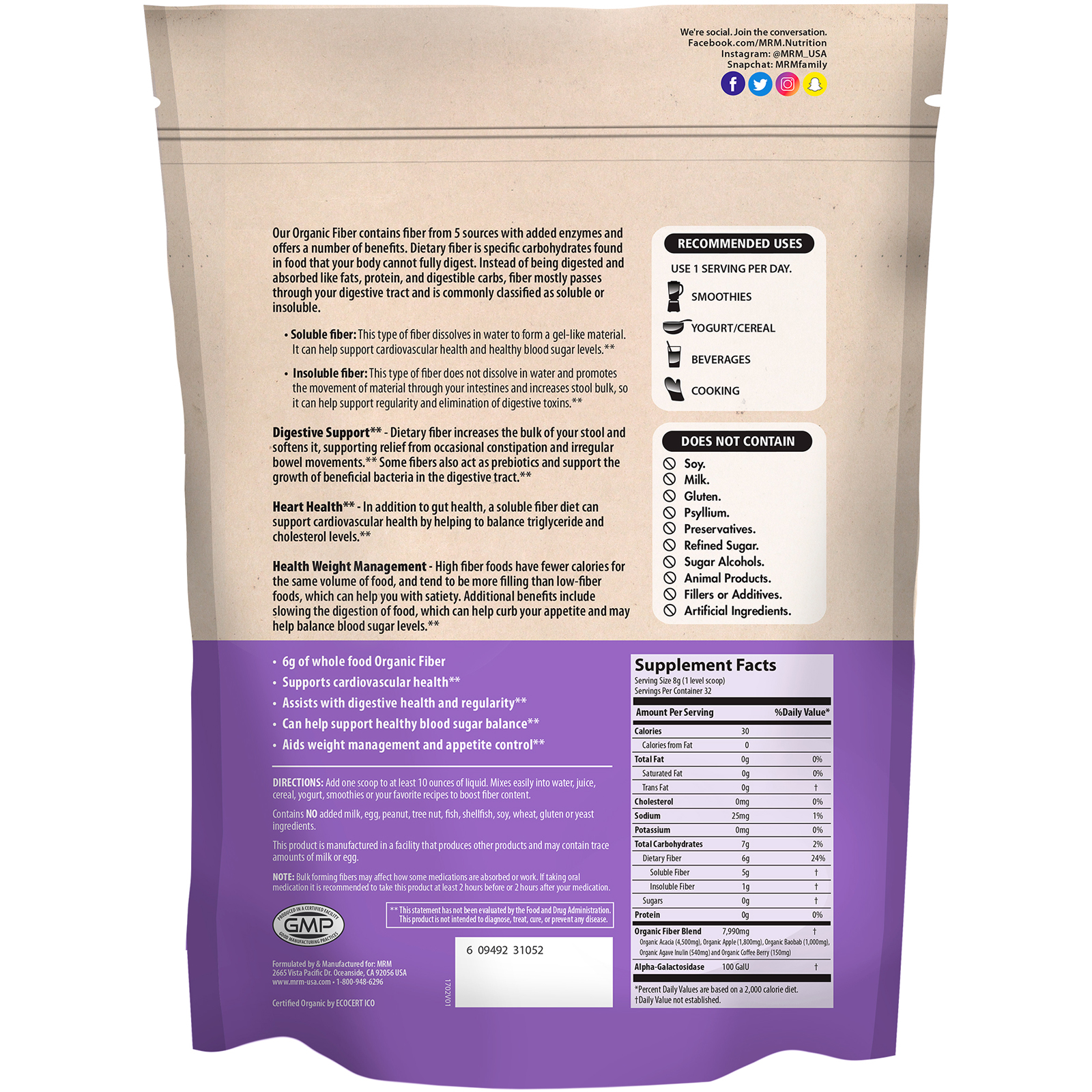Comprar MRM, Whole Food, Fibra Orgânica com Enzimas e Prebióticos, Sem Sabor, 256 g (9,3 oz) - Imagem 2