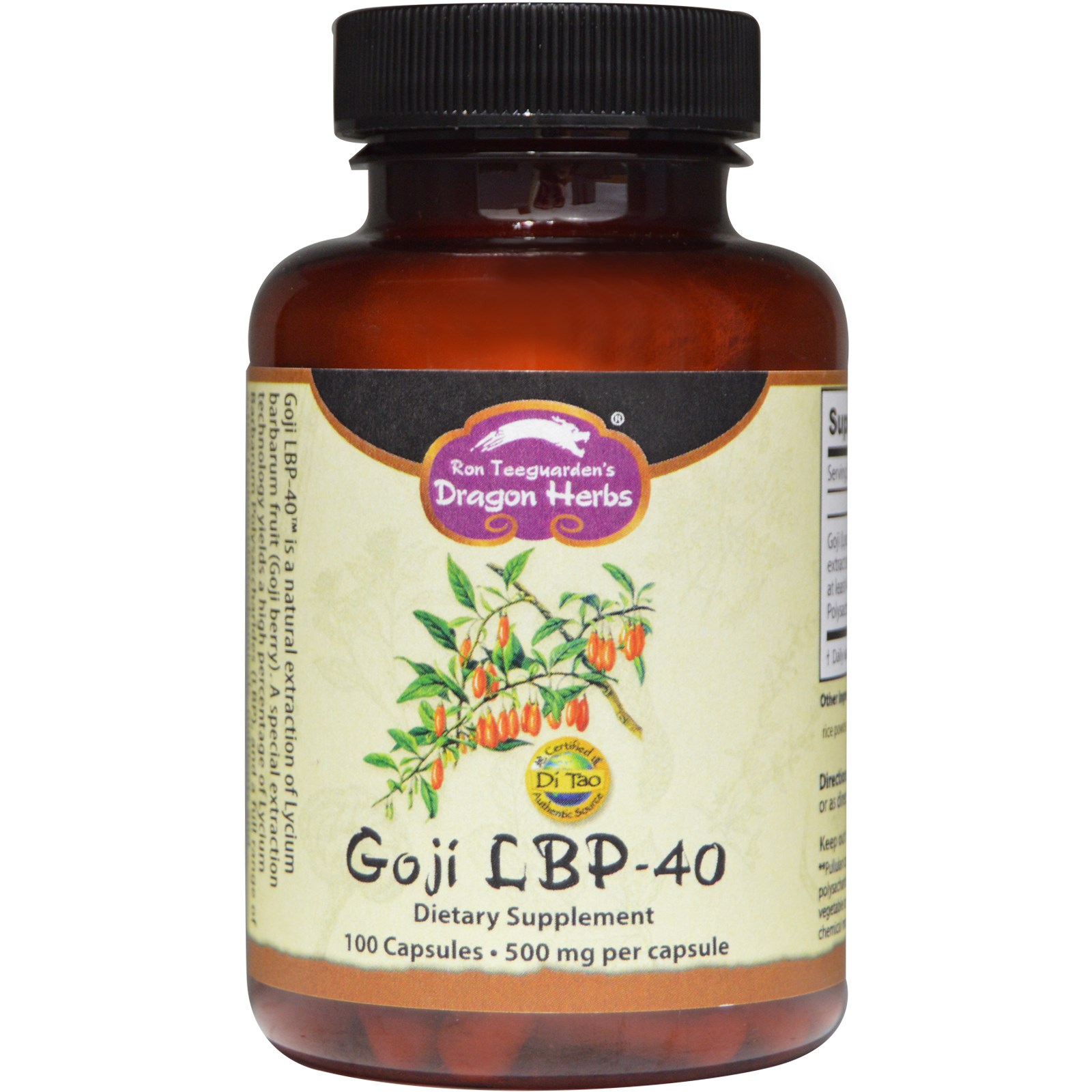 Comprar Dragon Herbs, Goji LBP-40, 500 mg, 100 Cápsulas