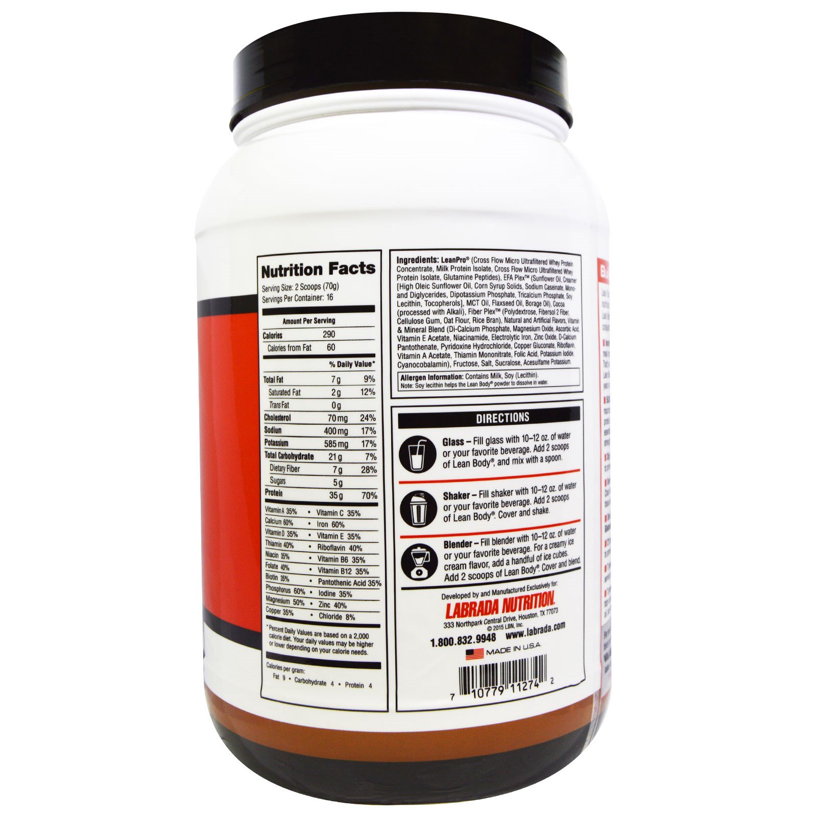 Comprar Labrada Nutrition, Lean Body, Shake para Substituição de uma Refeição, Chocolate, 2,47 lbs (1120 g) - Imagem 2