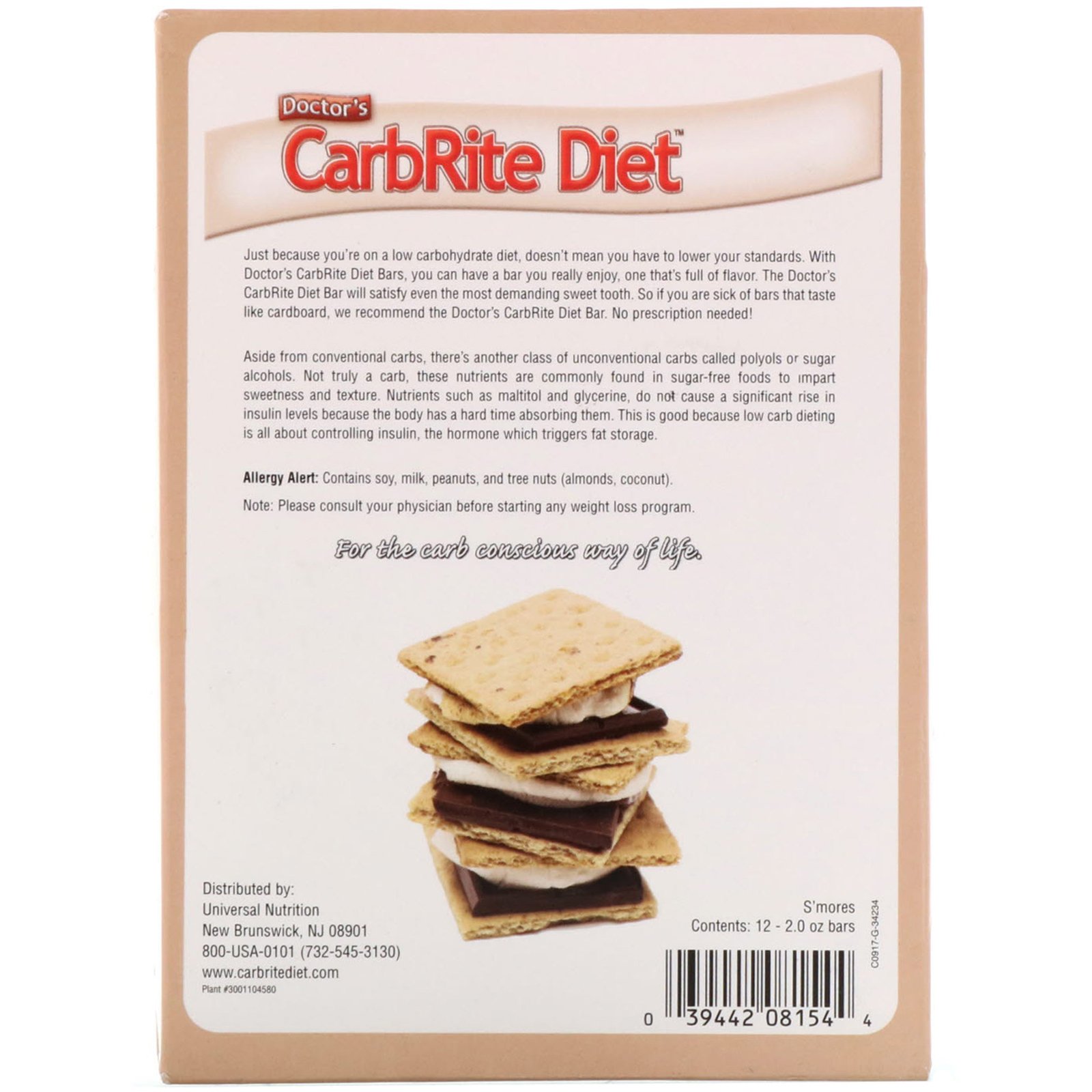 Comprar Universal Nutrition, Doctor's CarbRite Diet Bars, Smores, 12 Bars, 2.00 oz (56.7 g) Each - Imagem 3