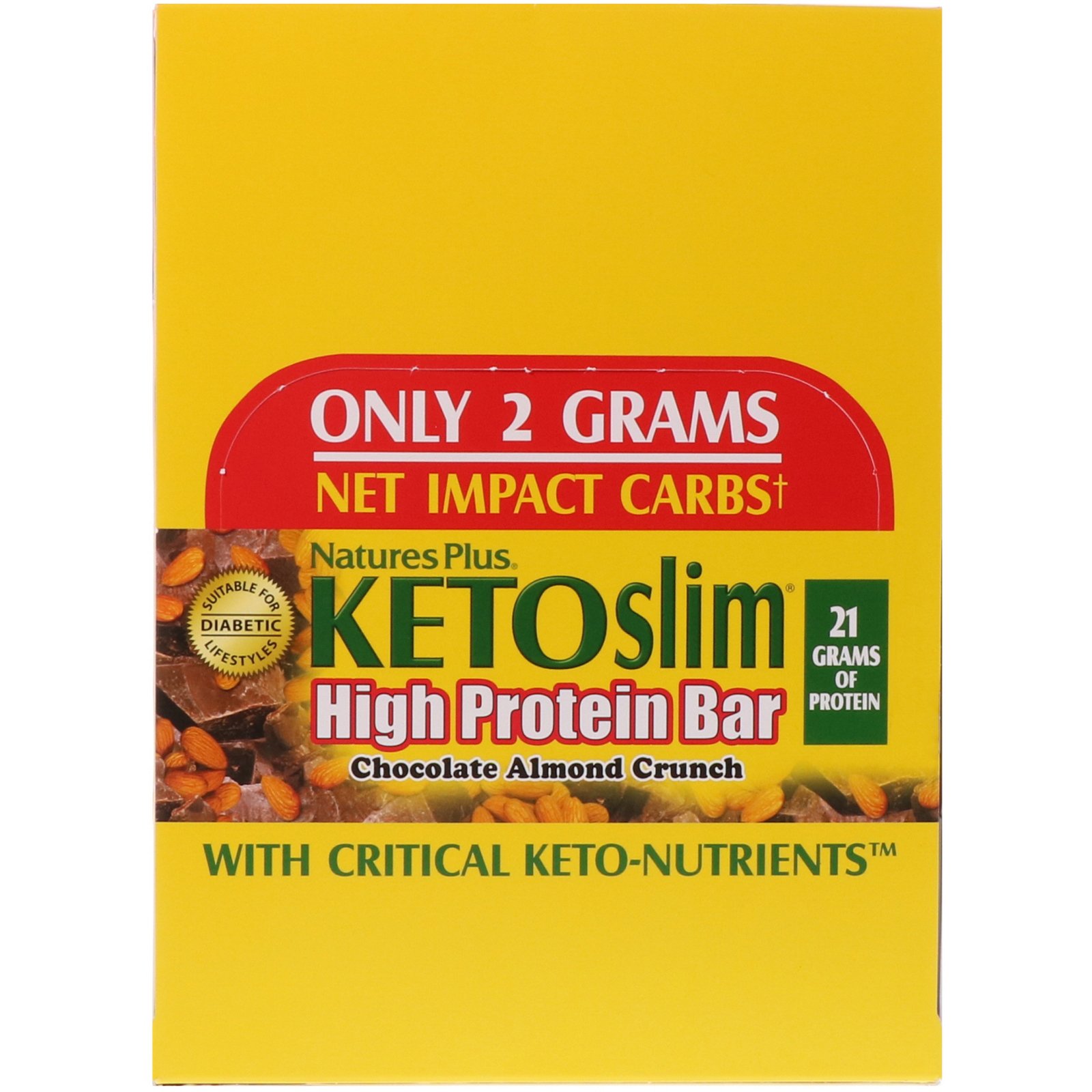 Comprar Nature's Plus, KETOslim, High Protein Bar, Chocolate Almond Crunch, 12 Bars, 2.1 oz (60 g) Each - Imagem 2