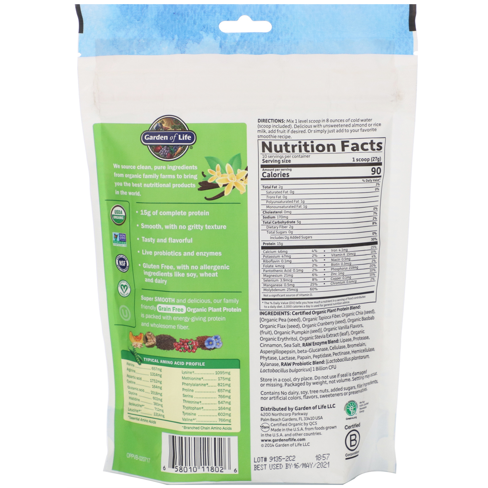 Comprar Garden of Life, Organic Plant Protein, Grain Free, Smooth Vanilla, 9.4 oz (265 g) - Imagem 2