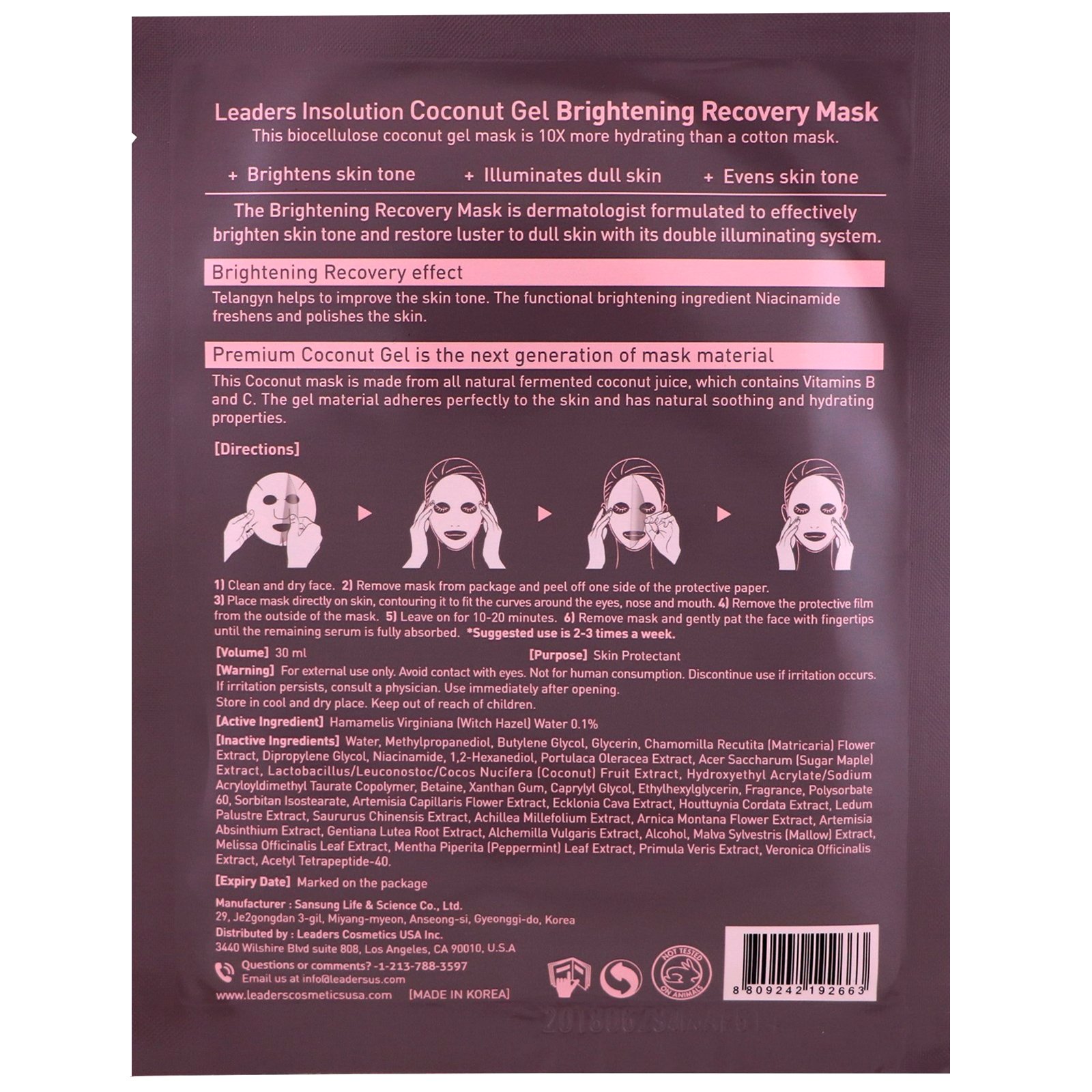 Comprar Leaders, Coconut Gel Brightening Recovery Mask, 1 Sheet, 30 ml - Imagem 2