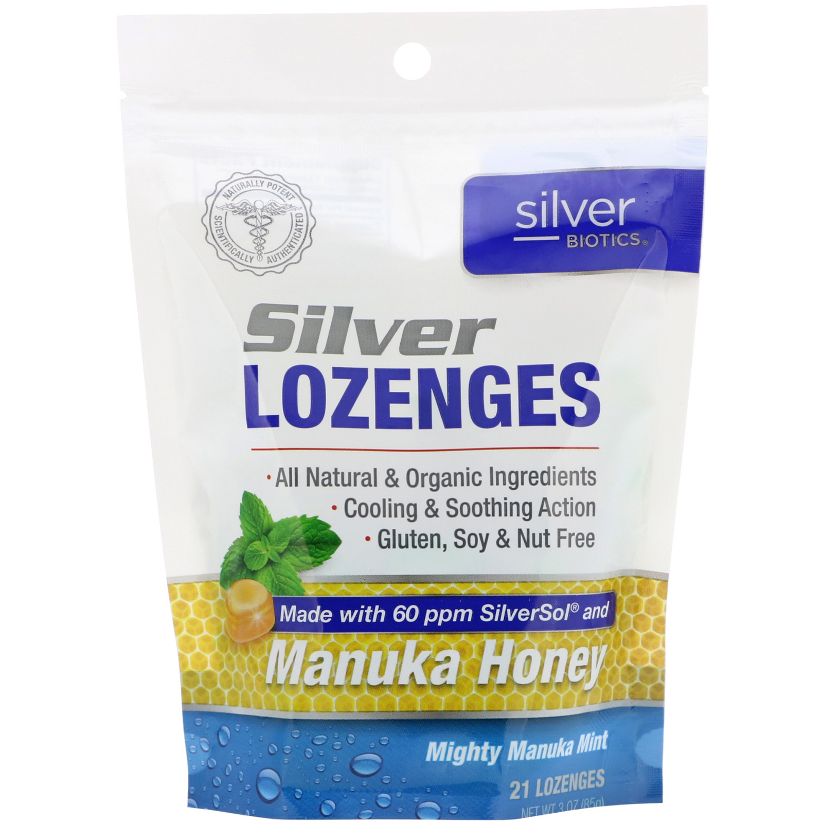 Comprar American Biotech Labs, Silver Biotics, Pastilhas de Prata, 60 PPM de SilverSol, Poderosa Manuka com Menta, 21 pastilhas
