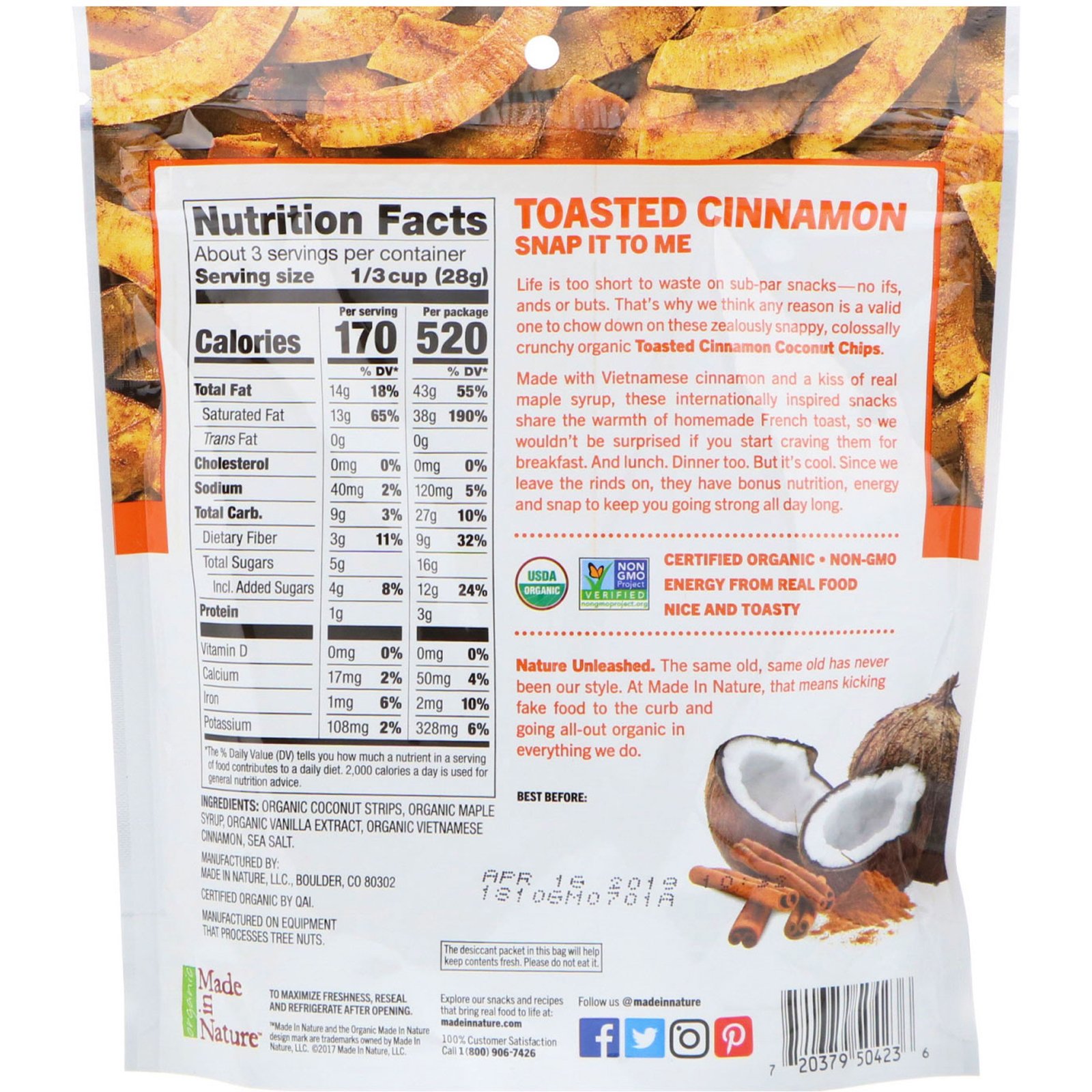 Comprar Made in Nature, Chips de Coco Orgânico, Superlanches com Canela Torrada, 85 g (3 oz) - Imagem 2