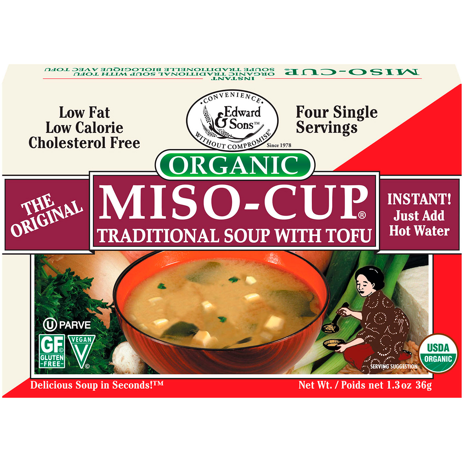 Comprar Edward & Sons, Miso-Cup Orgânico, Sopa Tradicional com Tofu, 4 Envelopes de Porção Individual, 9 g Cada