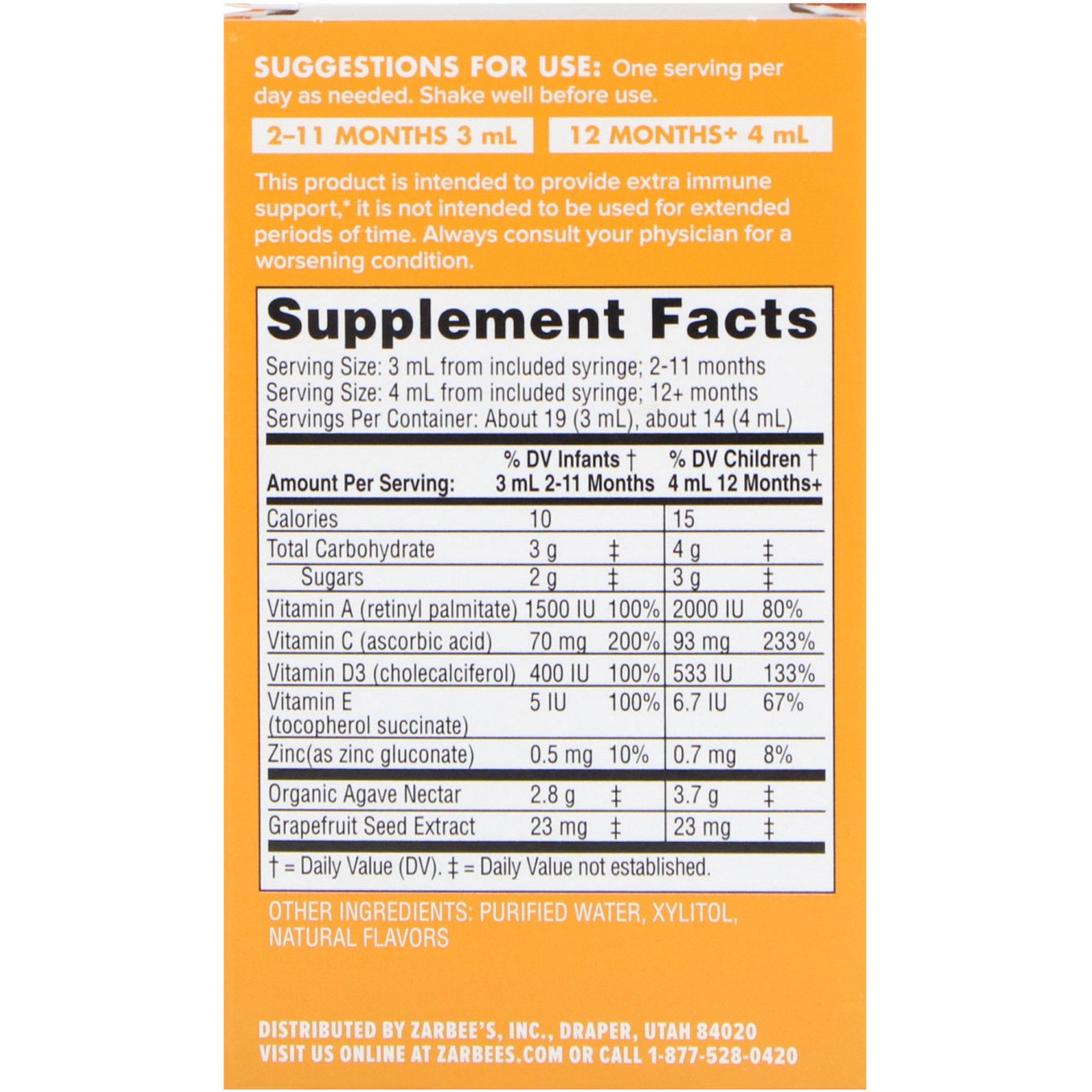 Comprar Zarbee's, Suporte Imunológico e Vitaminas para Bebês, Sabor Natural de Laranja, 59 ml (2 fl oz) - Imagem 2