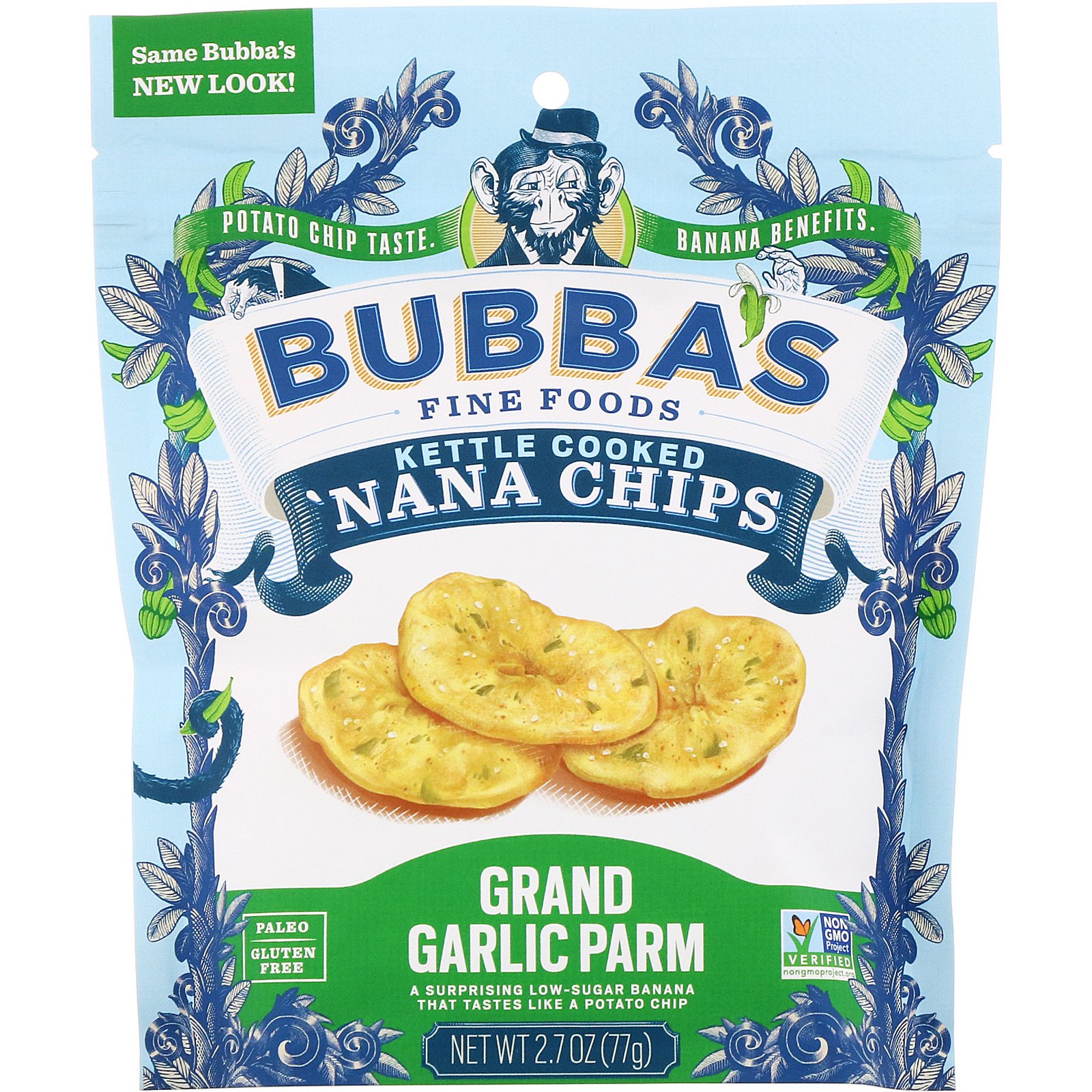 Comprar Bubba's Fine Foods, Chips de banana, delicioso sabor de alho e parmesão, 2,7 oz (77 g).