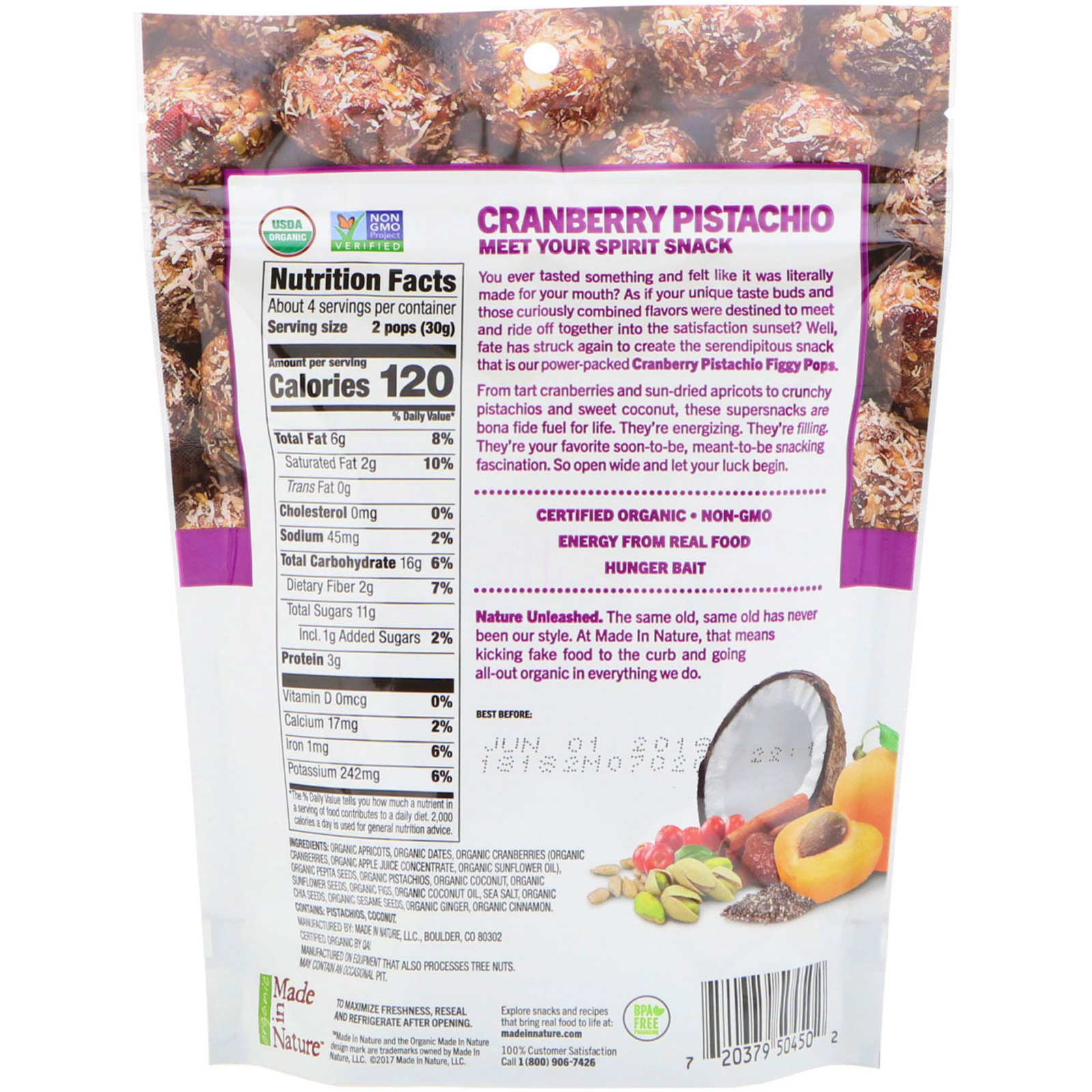 Comprar Made in Nature, Pops de Figo Orgânico, Supersnacks, Cranberry e Pistache, 4,2 oz (119 g) - Imagem 2