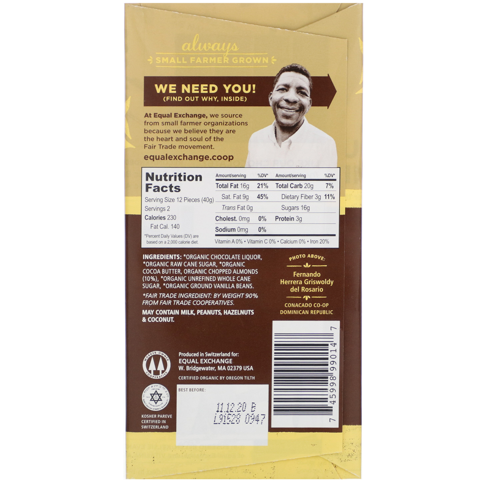 Comprar Equal Exchange, Chocolate Meio-Amargo Orgânico, Pedaços de Amêndoas Torradas, 2,8 oz (80 g) - Imagem 2