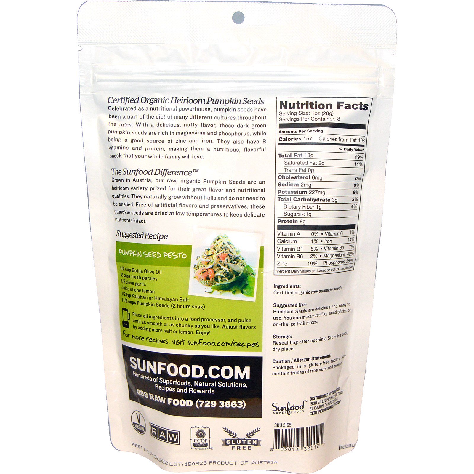 Comprar Sunfood, Sementes de Abóbora Tradicionais Orgânicas Cruas, 227 g (8 oz) - Imagem 2