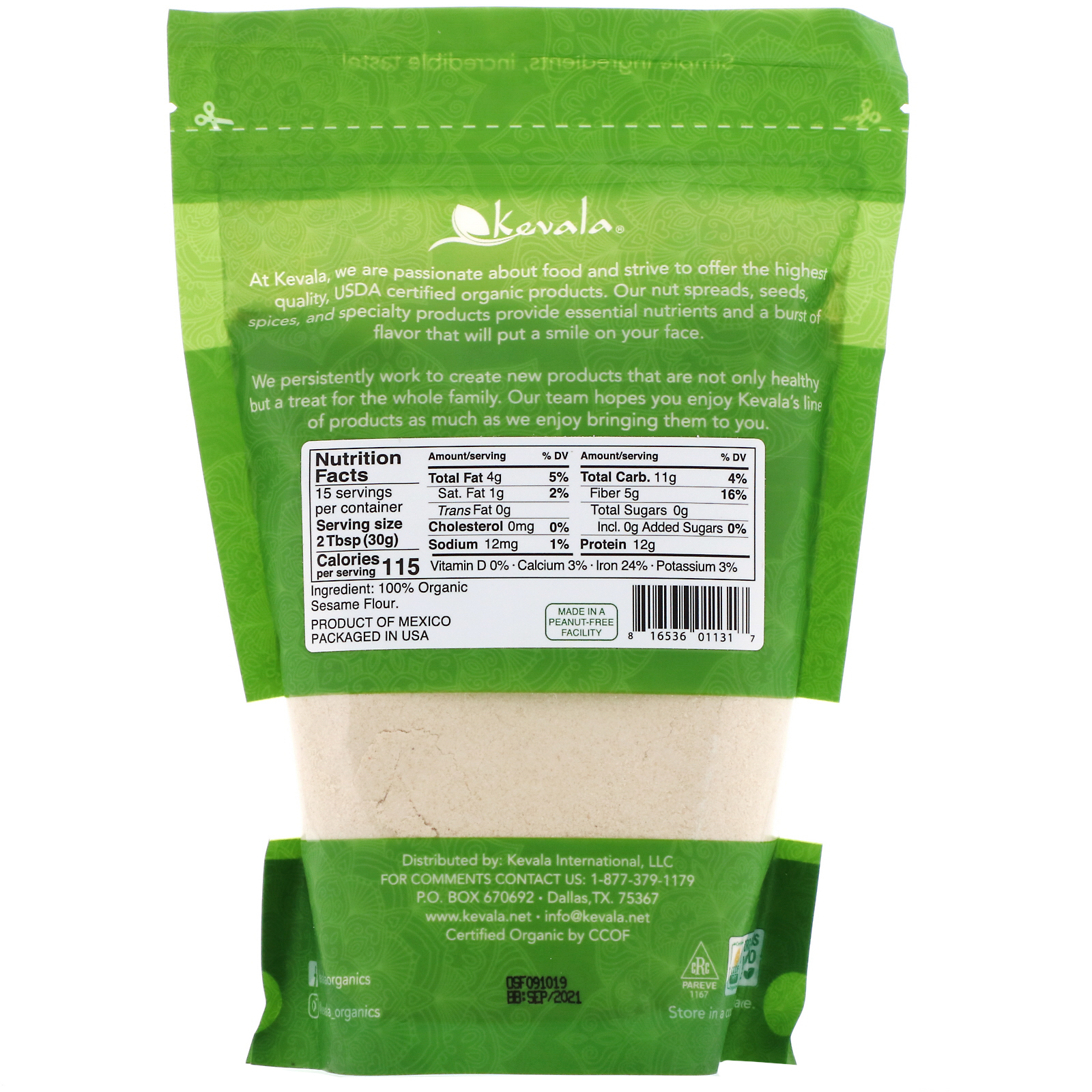 Comprar Kevala, Organic Sesame Flour, 16 oz (454 g) - Imagem 2